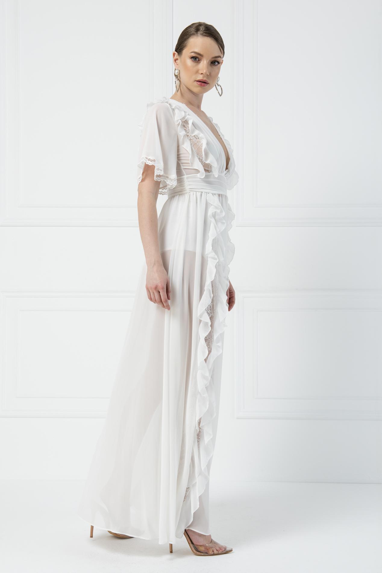 V Neck chiffon Offwhite Dress