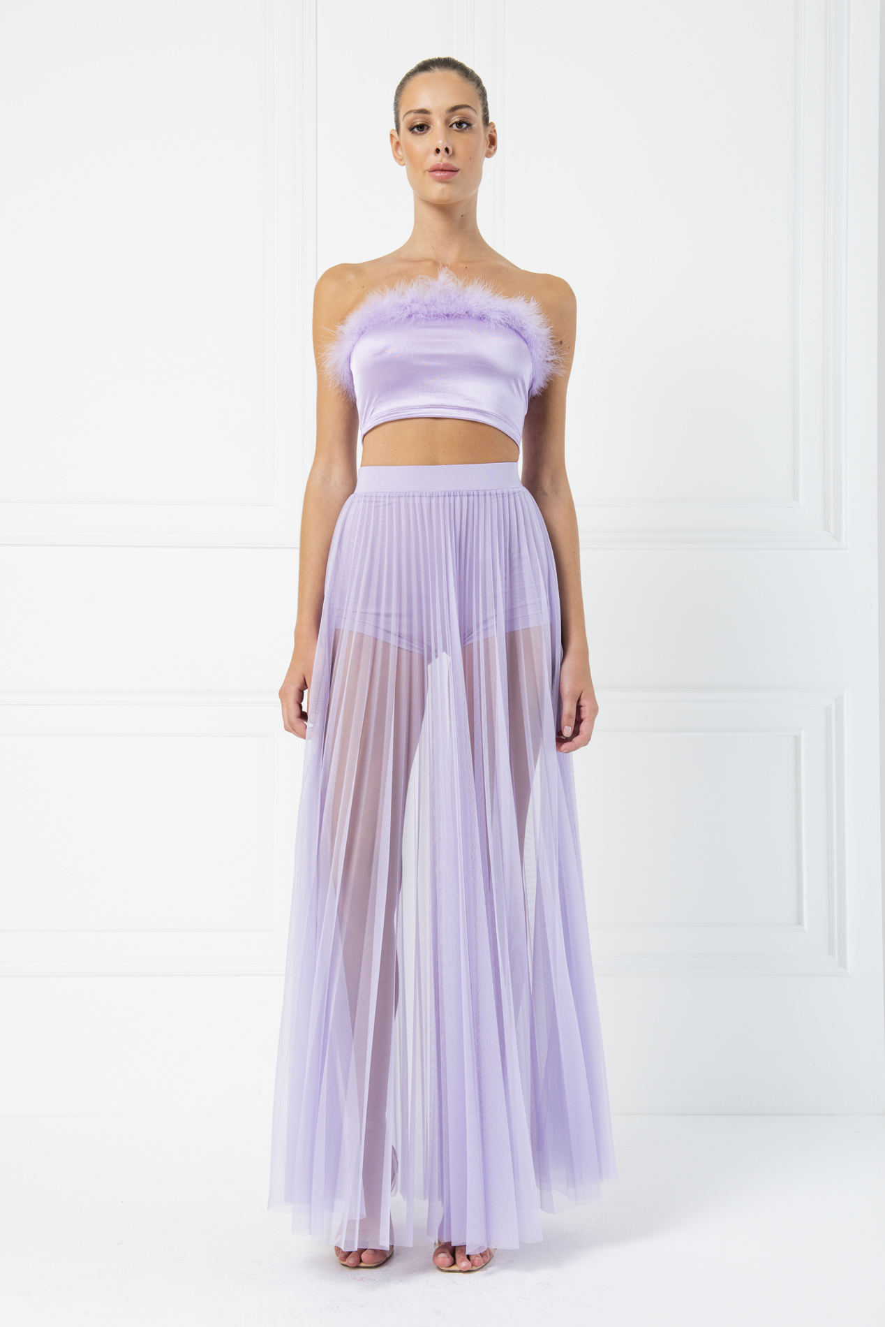 Wholesale Sheer Pleated Maxi Skirt in  Lilac