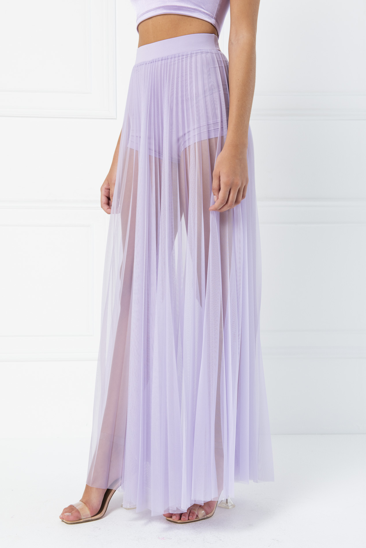 Sheer Pleated Maxi Skirt in  Lilac