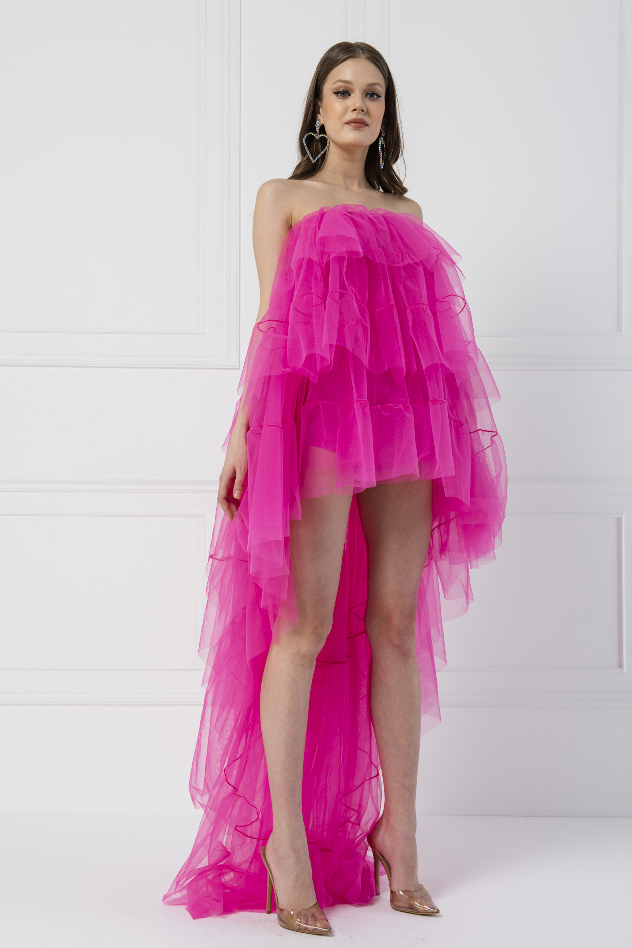 Tulle Detail Strapless Fuchsia Sheer Mini Dress