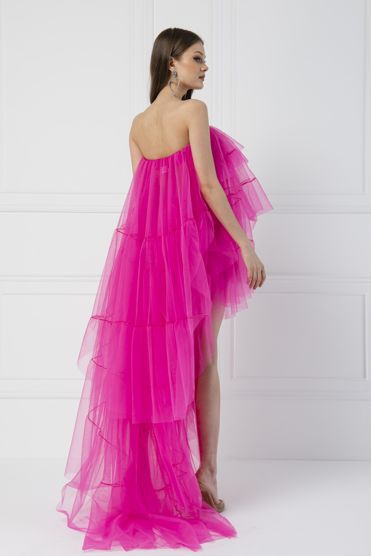 Tulle Detail Strapless Fuchsia Sheer Mini Dress