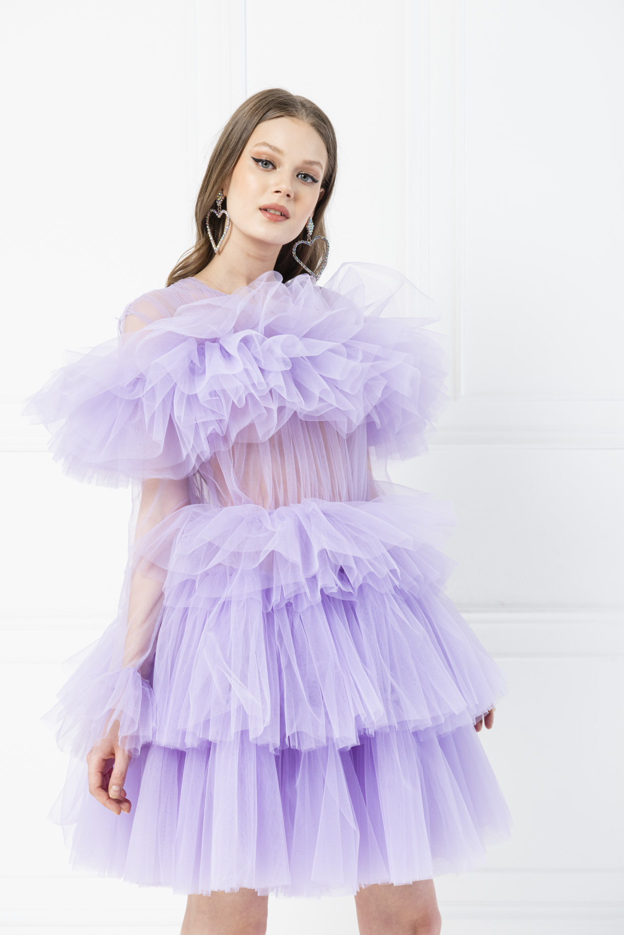 Wholesale Ruffle Tulle New Lilac Crew Neck Mini Dress