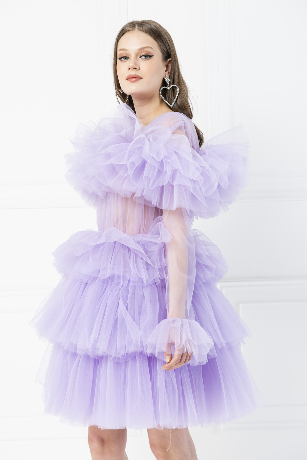 Ruffle Tulle New Lilac Crew Neck Mini Dress