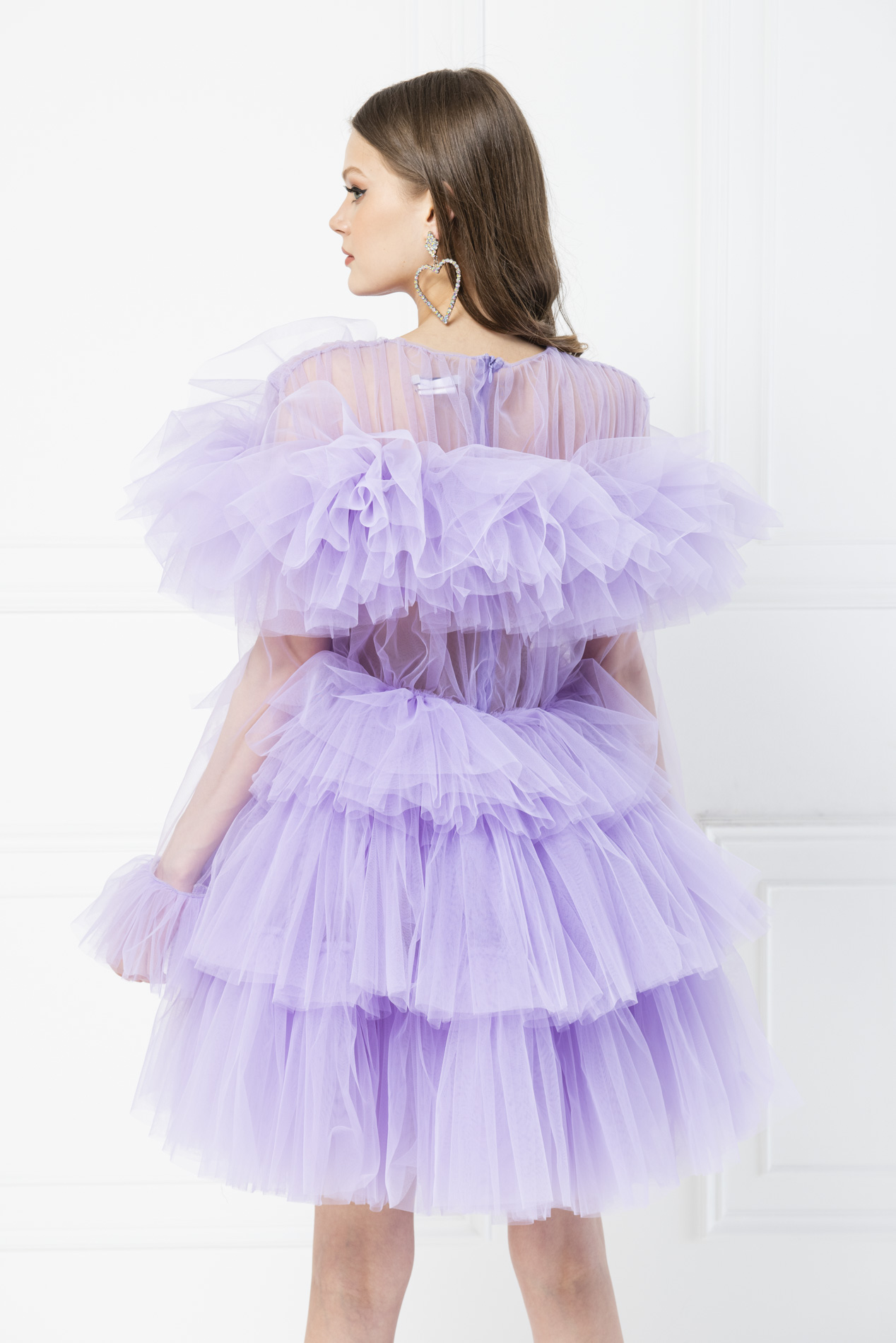 Wholesale Ruffle Tulle New Lilac Crew Neck Mini Dress