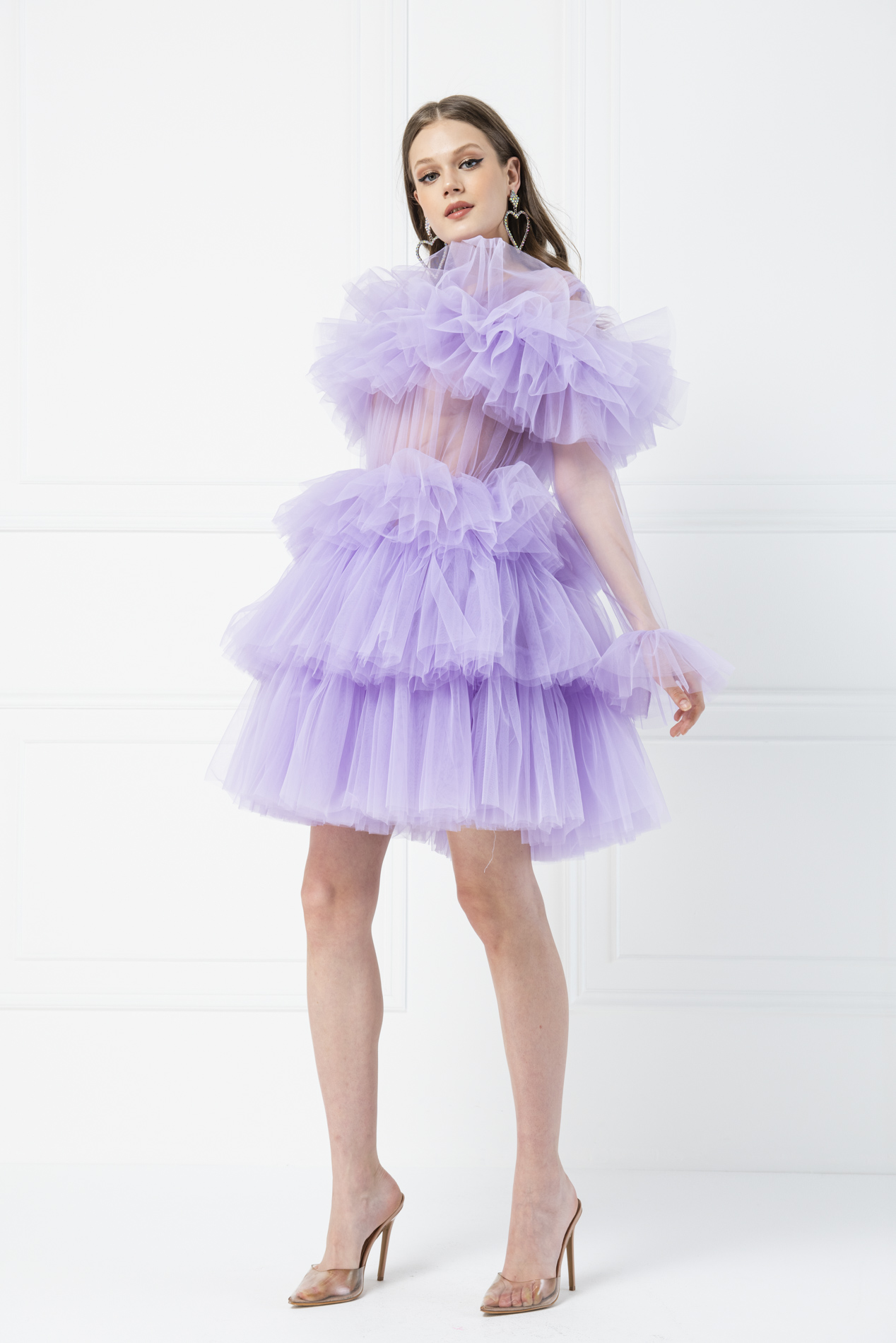 Ruffle Tulle New Lilac Crew Neck Mini Dress