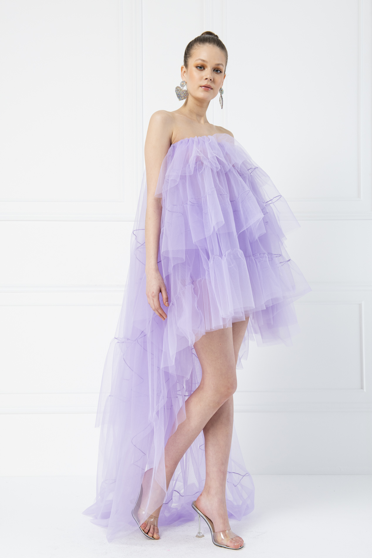 Tulle Detail Strapless Lilac Sheer Mini Dress