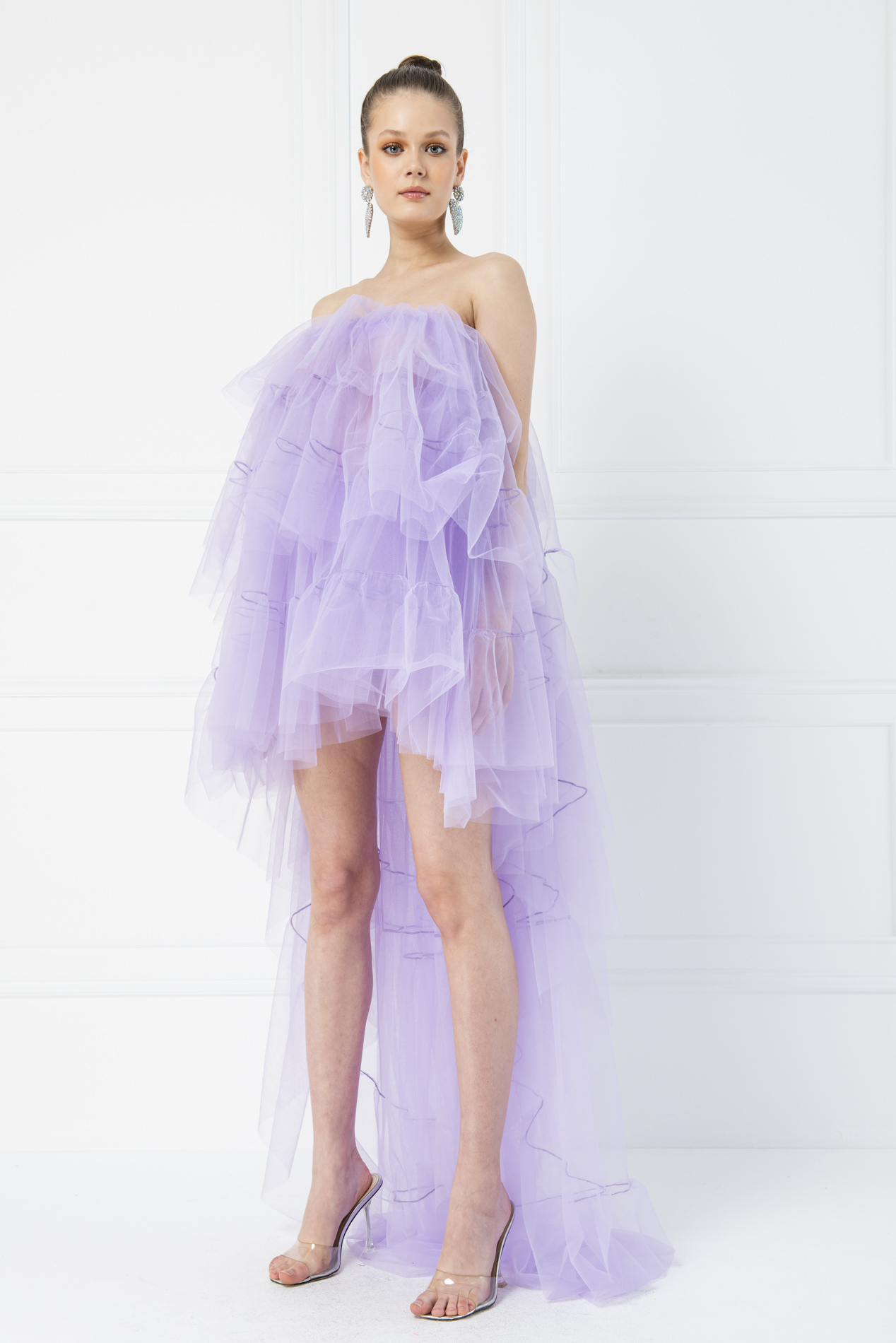 оптовая Из Тюля без бретелек Lilac прозрачное мини-платье