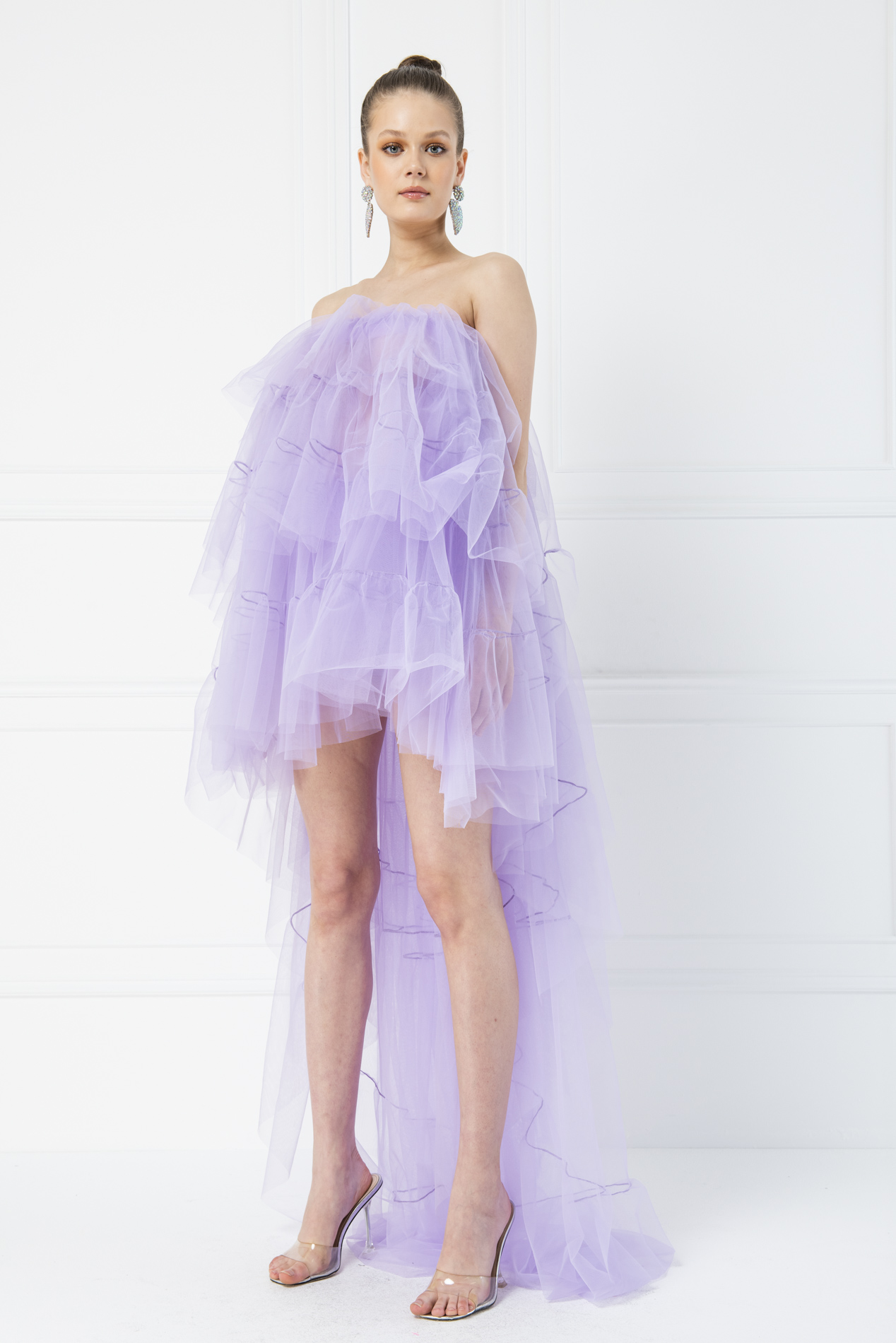 Tulle Detail Strapless Lilac Sheer Mini Dress