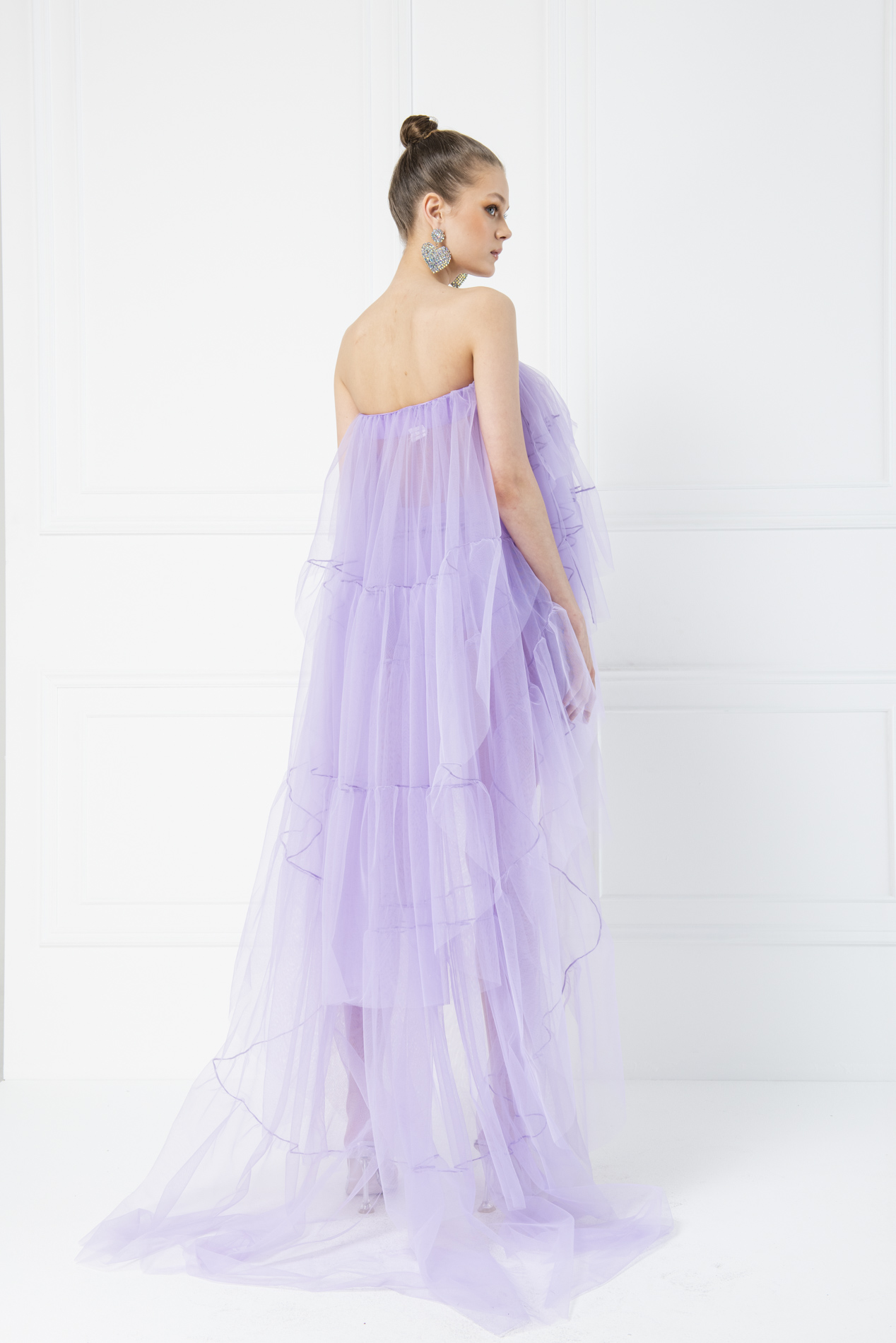 Tulle Detail Strapless Lilac Sheer Mini Dress