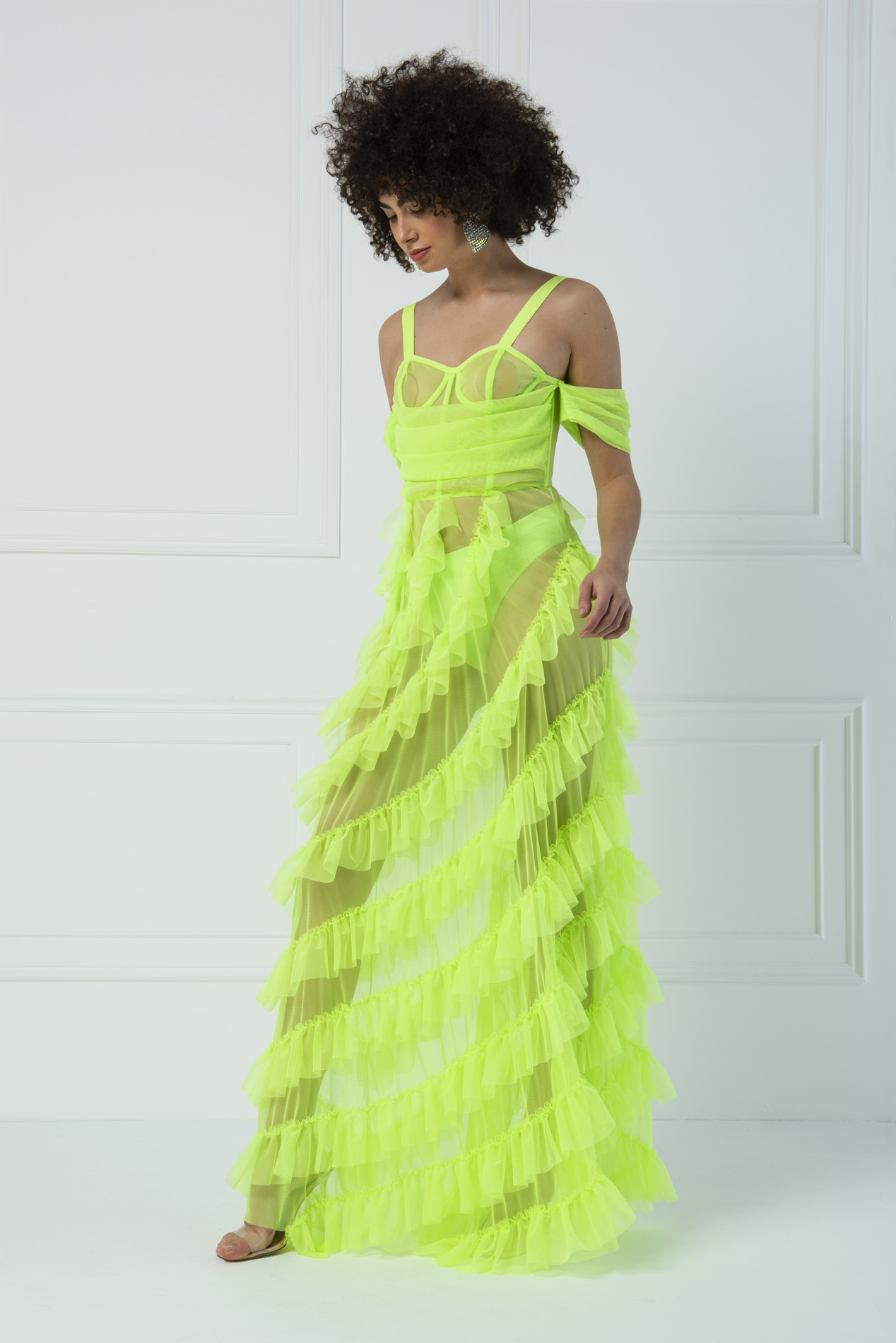 Toptan Bella Style Neon Green Elbise