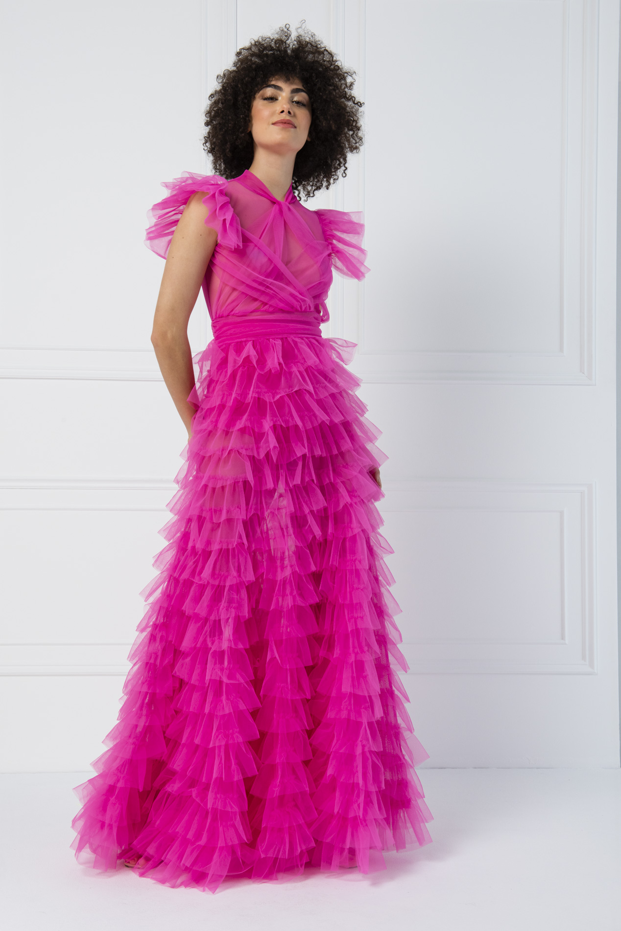 Tulle Detail Transparan Fuchsia Long Dress