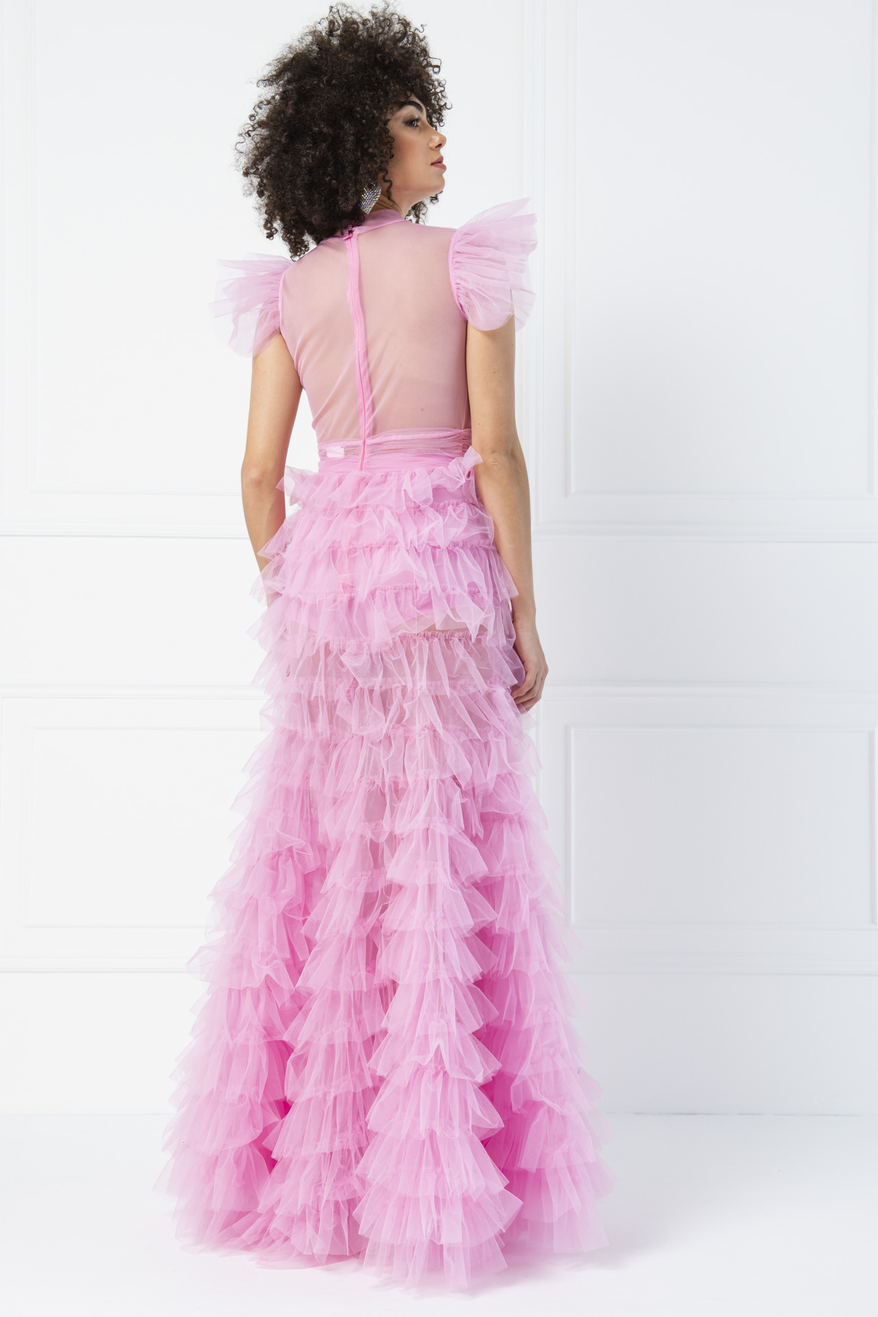 Wholesale Tulle Detail Transparan Pink Long Dress