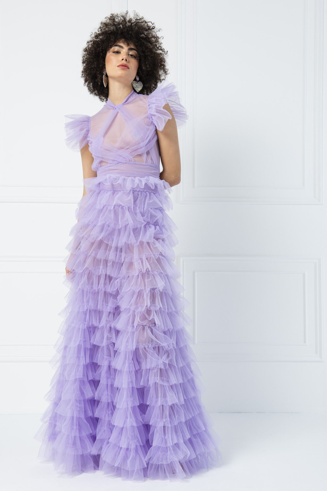 Tulle Detail Transparan Lilac Long Dress