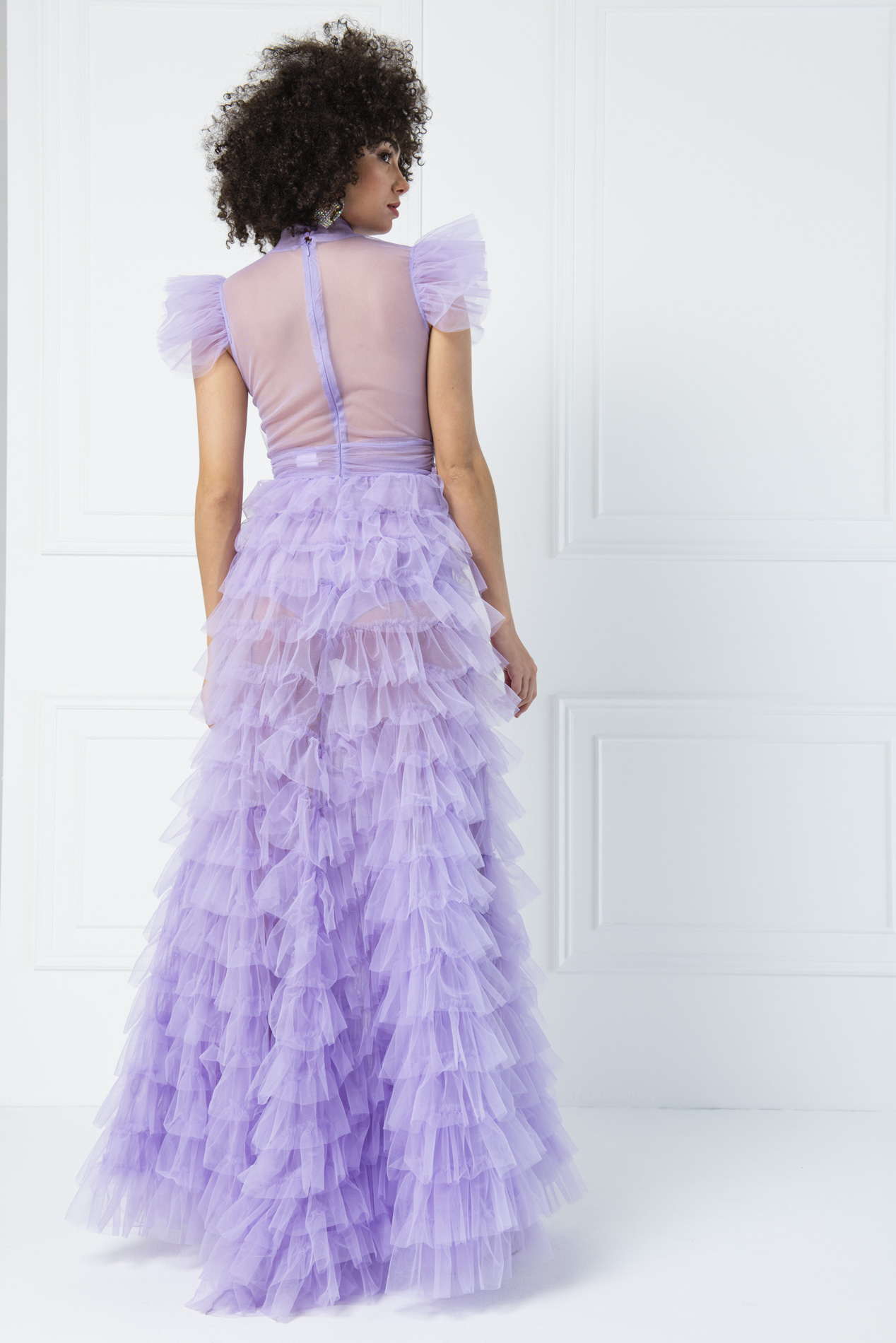 Wholesale Tulle Detail Transparan Lilac Long Dress
