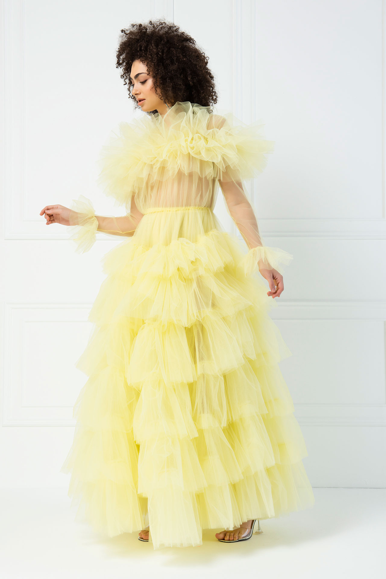 Ruffle Sheer Yellow Maxi Dress