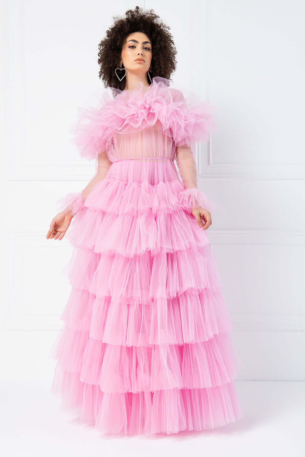 Прозрачное с рюшами Pink Макси платье