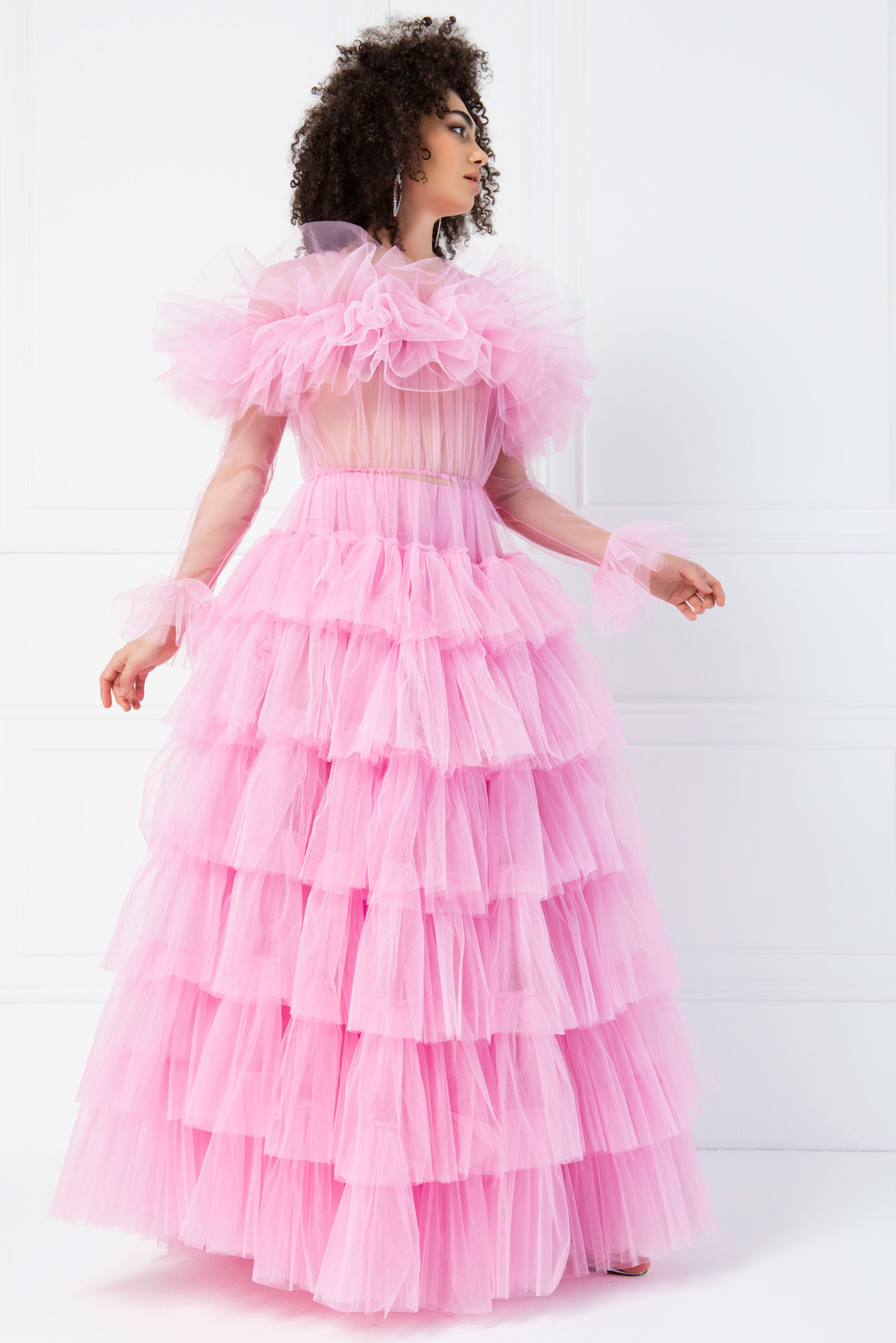 оптовая Прозрачное с рюшами Pink Макси платье