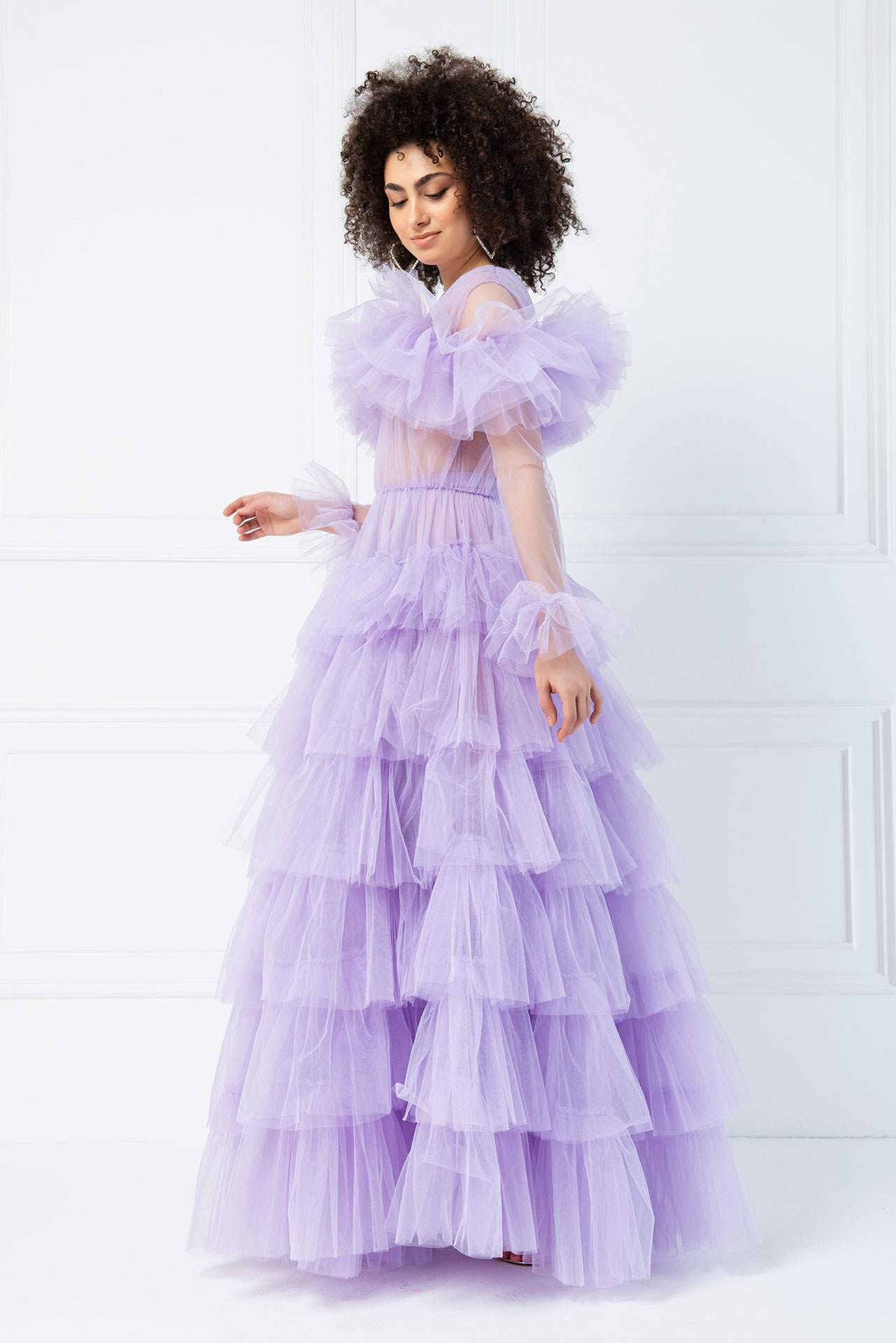 Wholesale Ruffle Sheer Lilac Maxi Dress