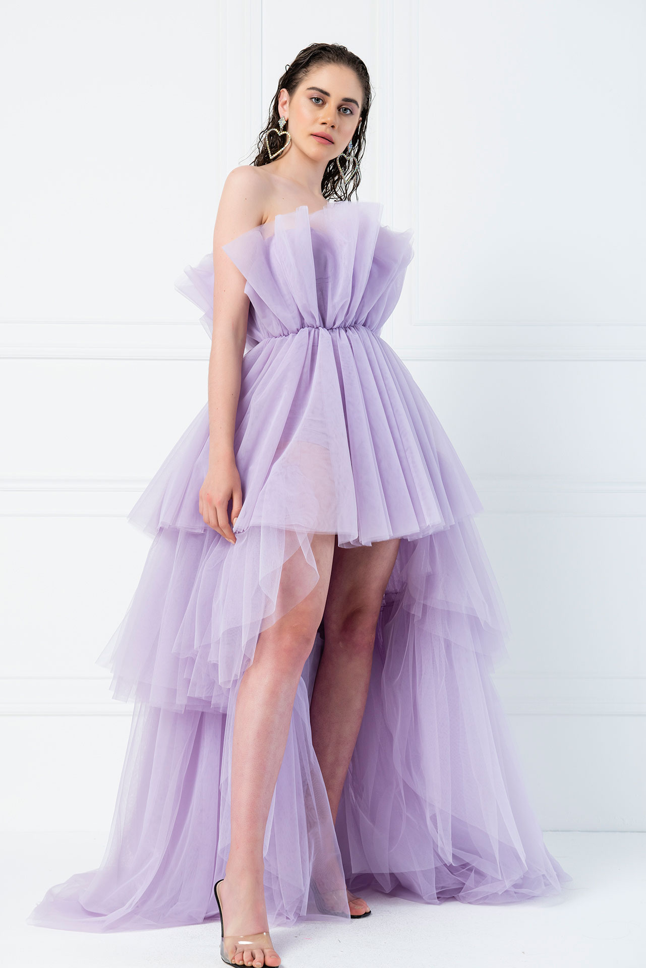 С Открытыми Плечами Lilac Мини-Платье с Рюшами