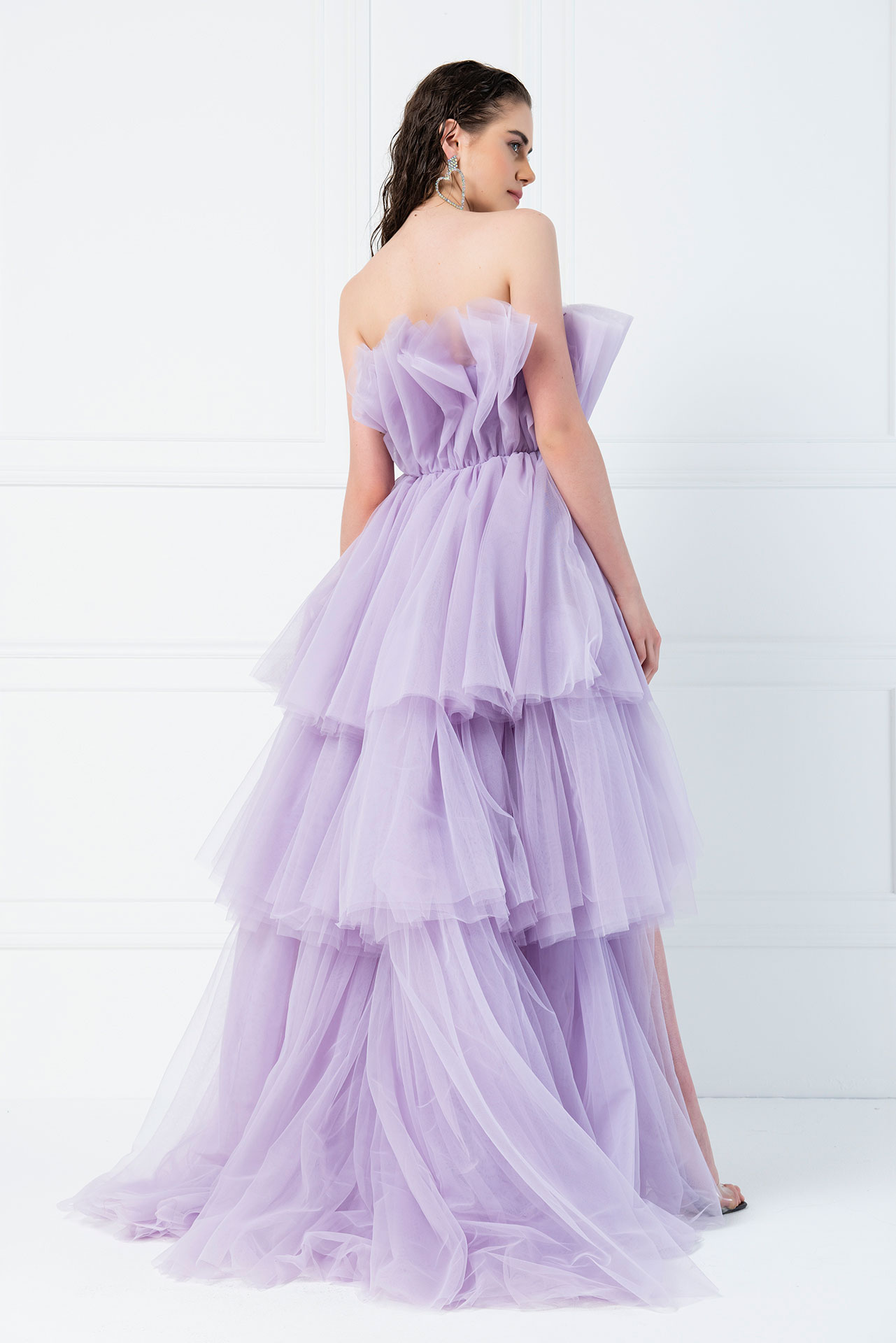 С Открытыми Плечами Lilac Мини-Платье с Рюшами
