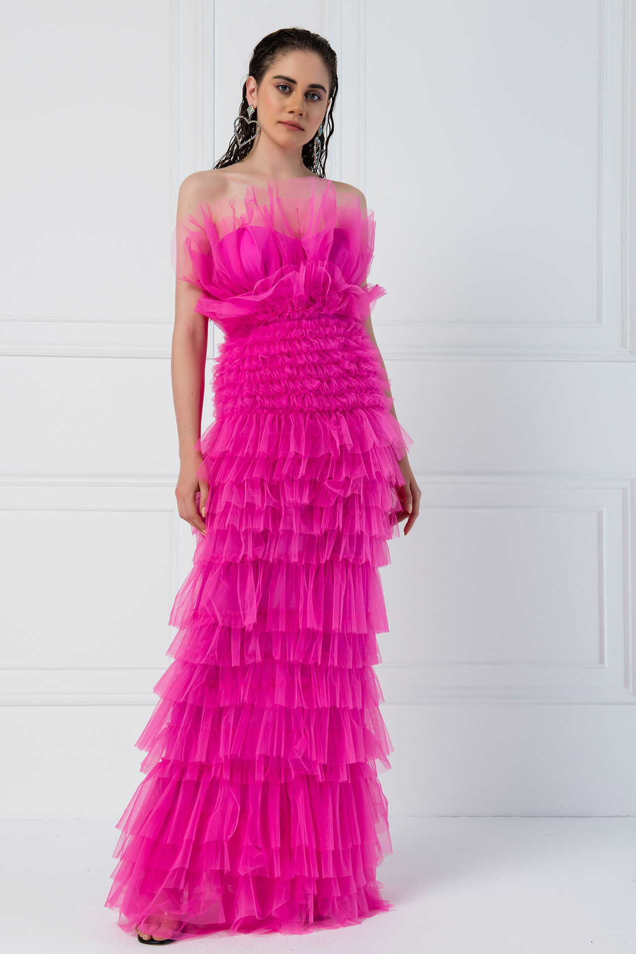 оптовая С Открытыми Плечами Neon Fuchsia Платье Макси