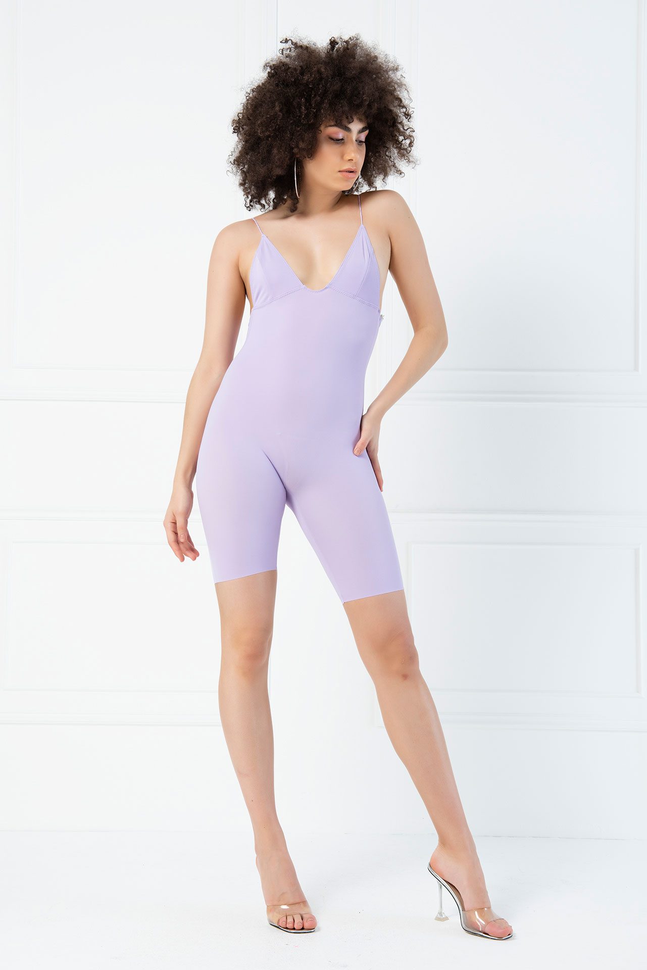 Wholesale Deep V Back Spaghetti Strap Mid-Thigh Shapewear Lilac Bodysuit