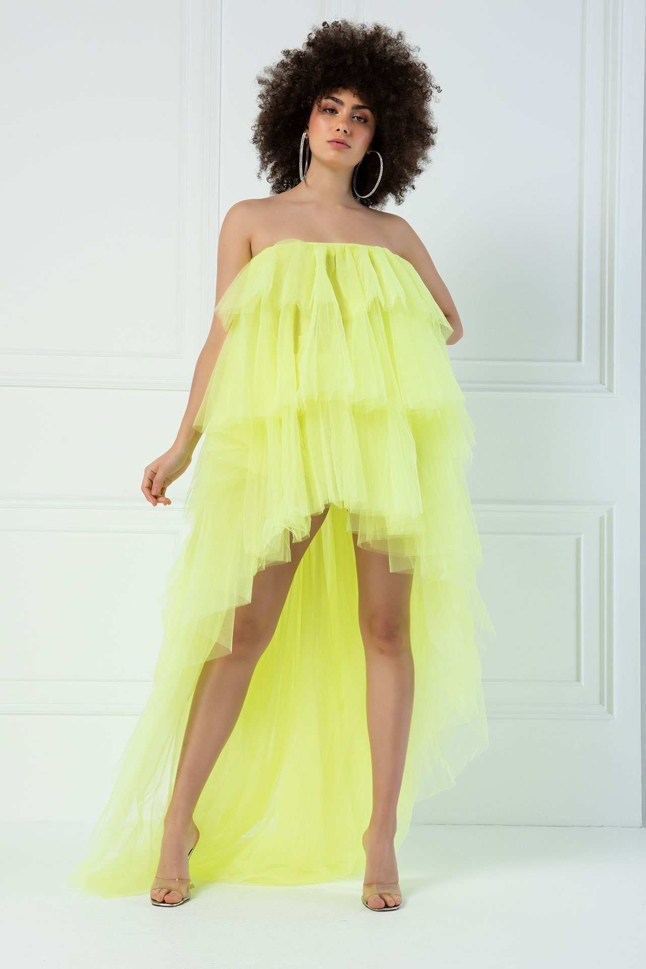 Wholesale Strapless Ruffle Neon Yellow Mini Dress