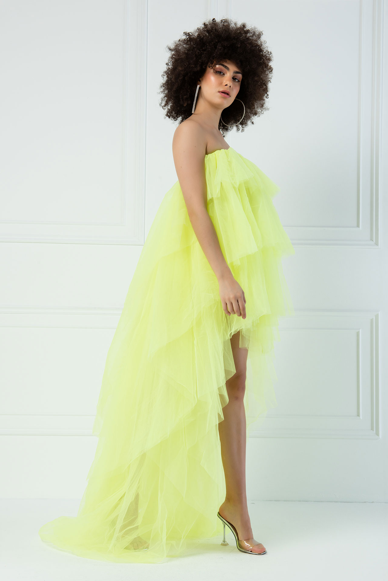 Strapless Ruffle Neon Yellow Mini Dress