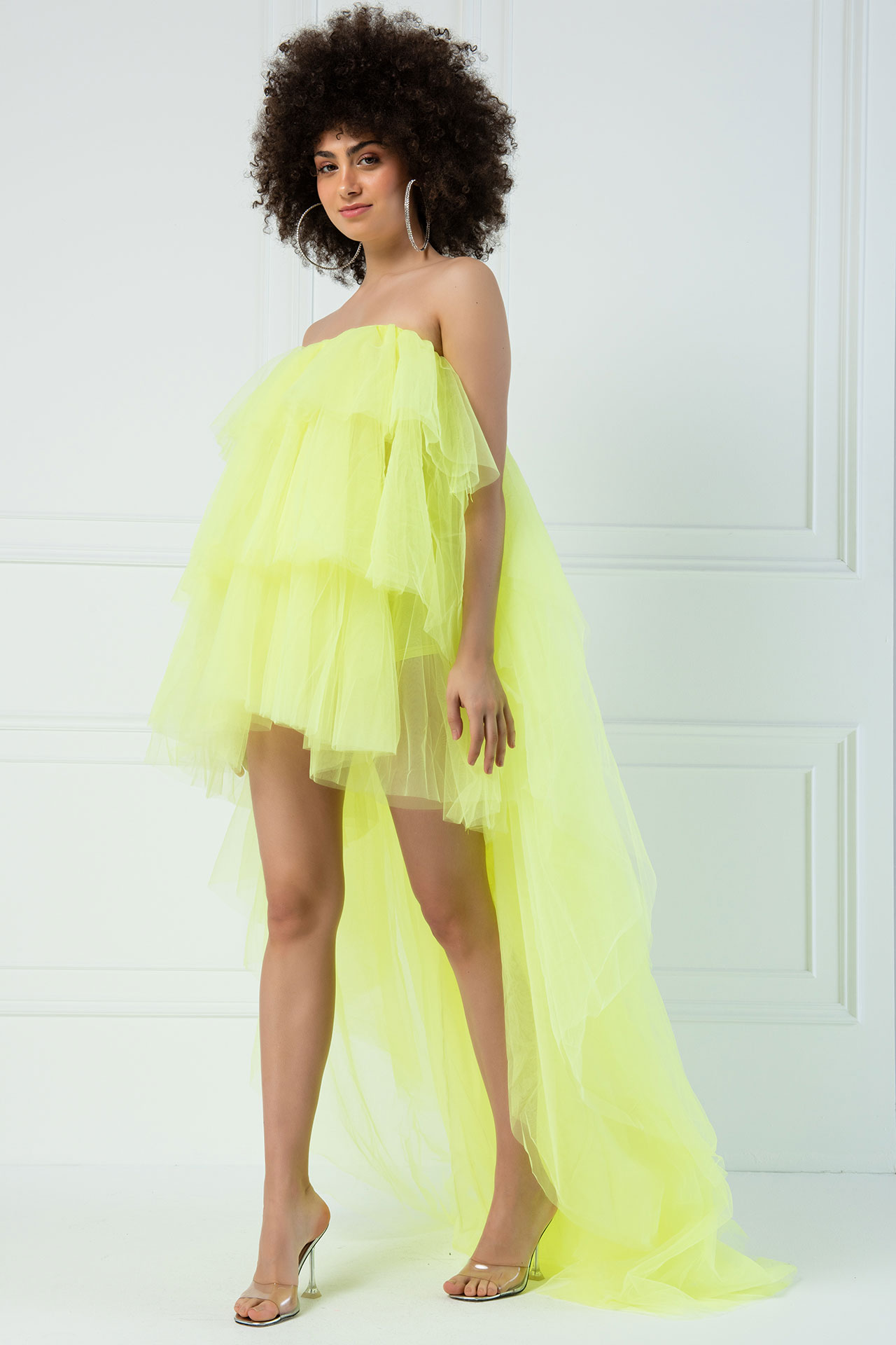 Strapless Ruffle Neon Yellow Mini Dress