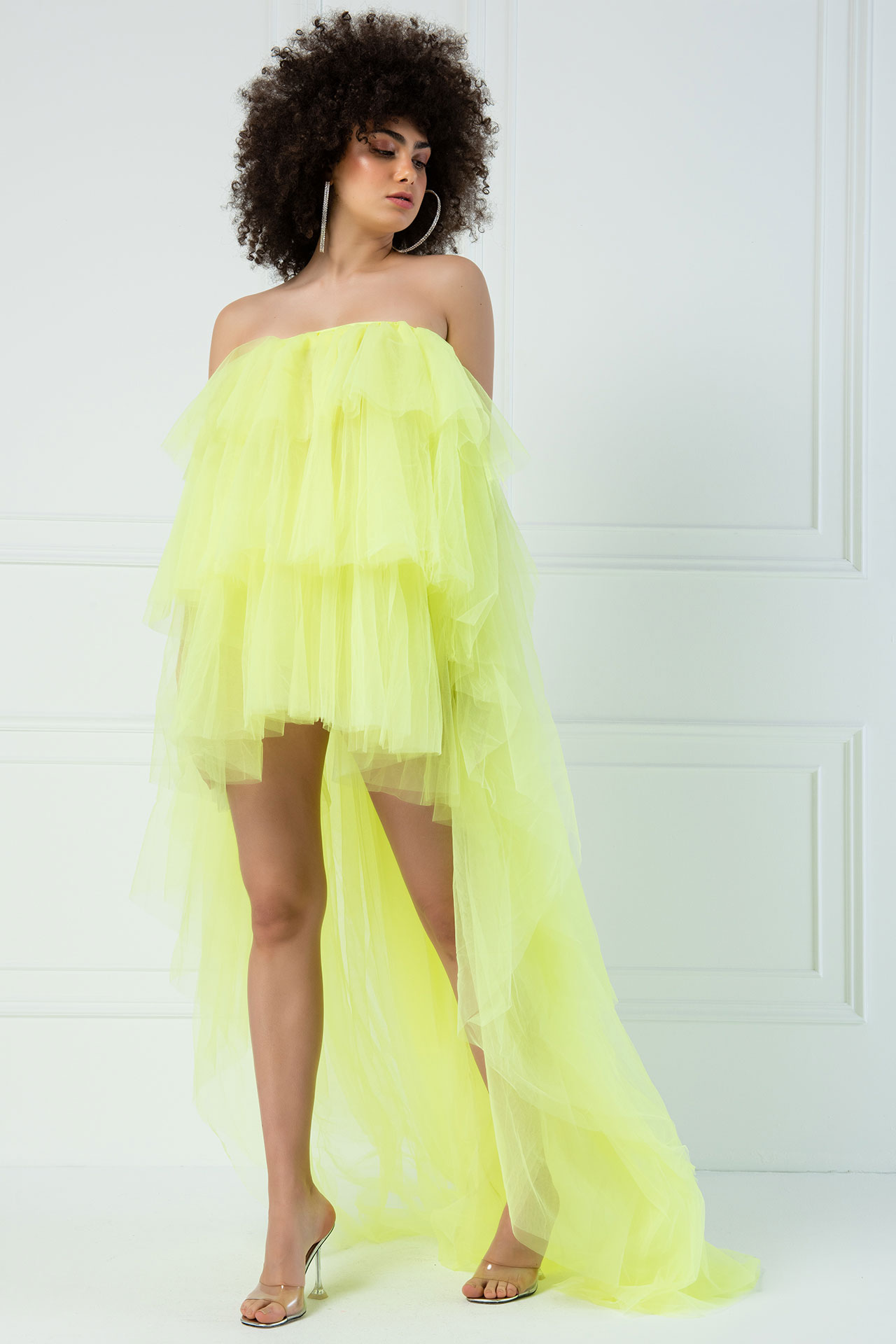 Strapless Ruffle Neon Yellow Mini Dress