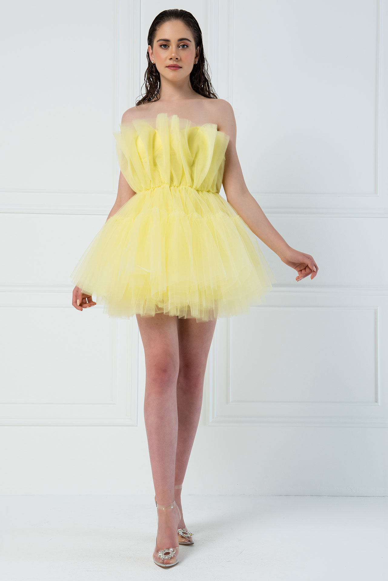 Wholesale Yellow Off The Shoulder Mini Tulle Dress