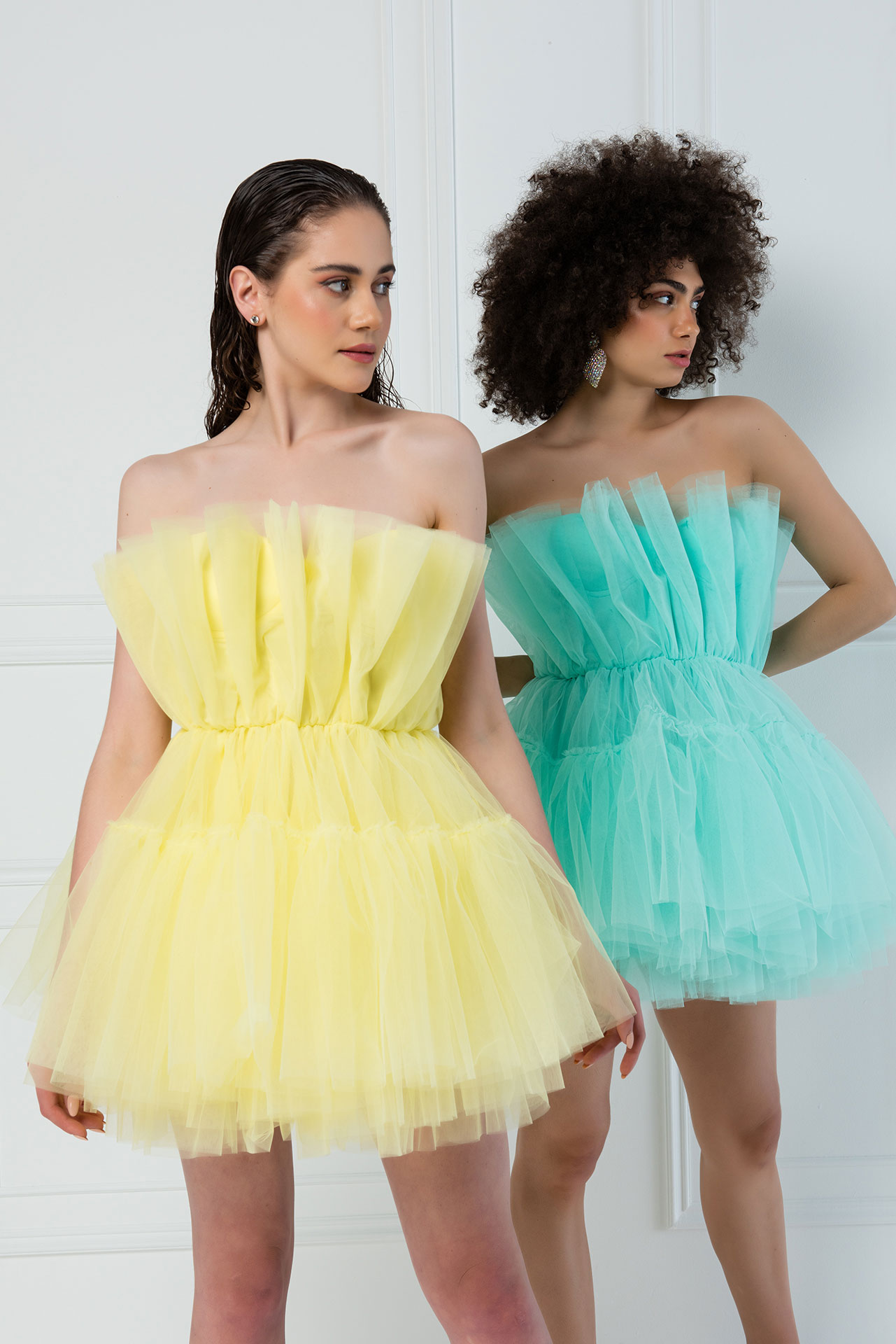 Yellow Off The Shoulder Mini Tulle Dress