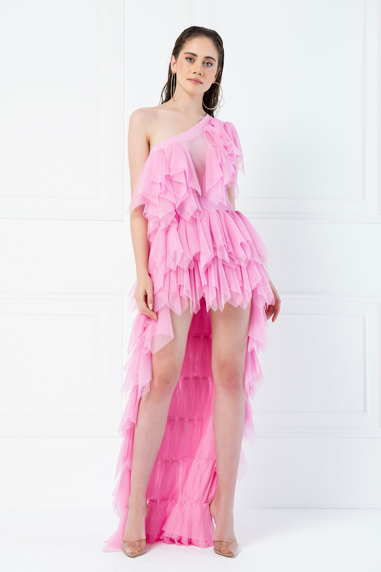 Wholesale One Shoulder Ruffle Pink Mini Tulle Dress