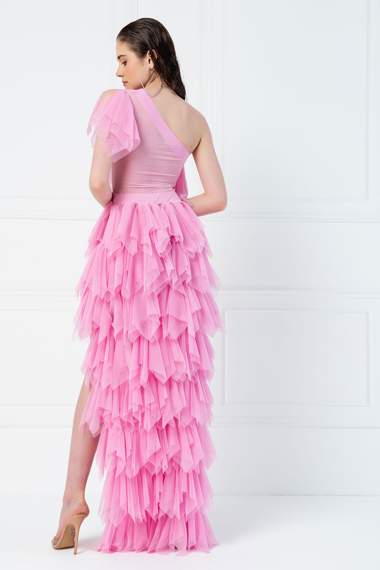One Shoulder Ruffle Pink Mini Tulle Dress