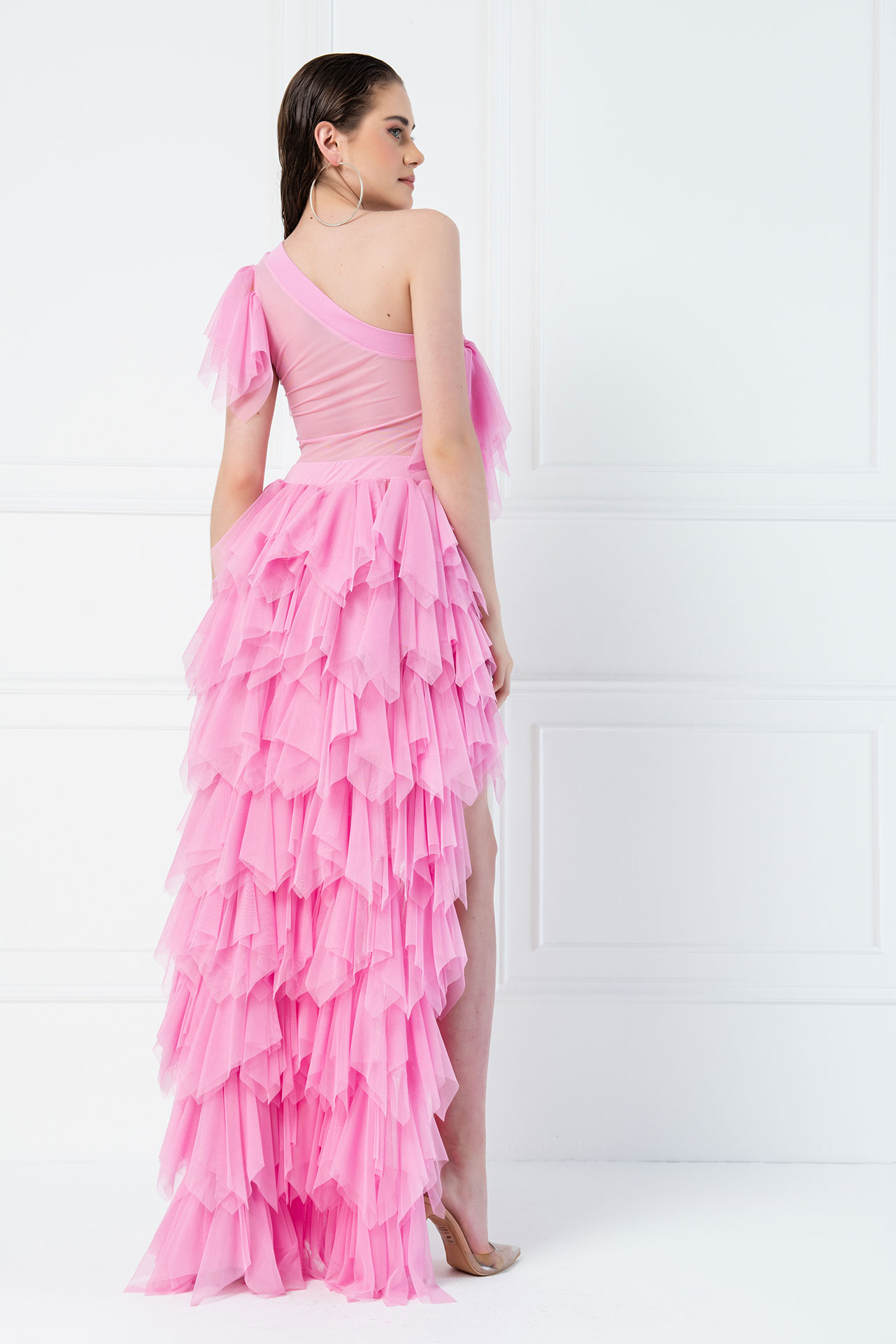 One Shoulder Ruffle Pink Mini Tulle Dress