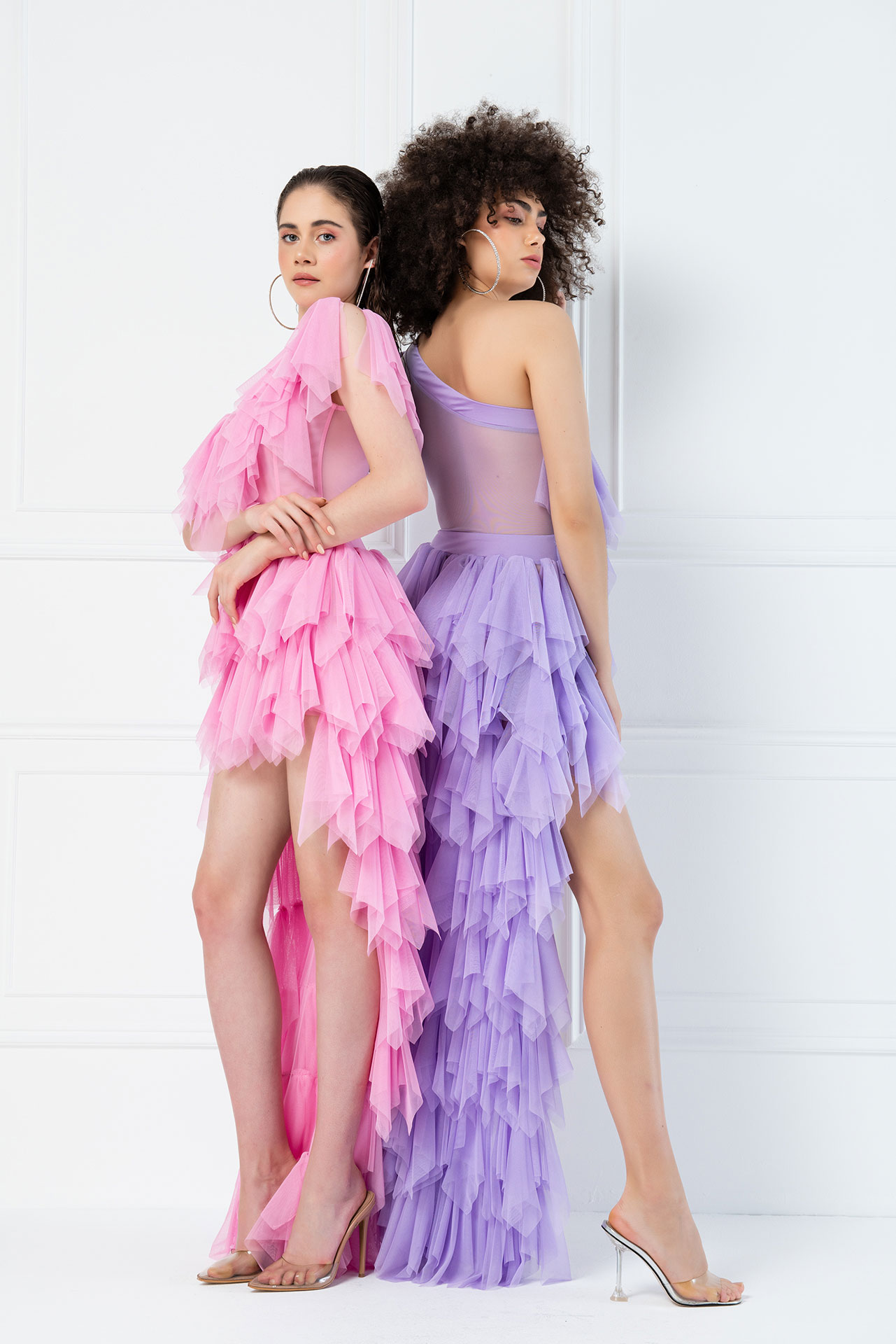 Wholesale One Shoulder Ruffle Pink Mini Tulle Dress