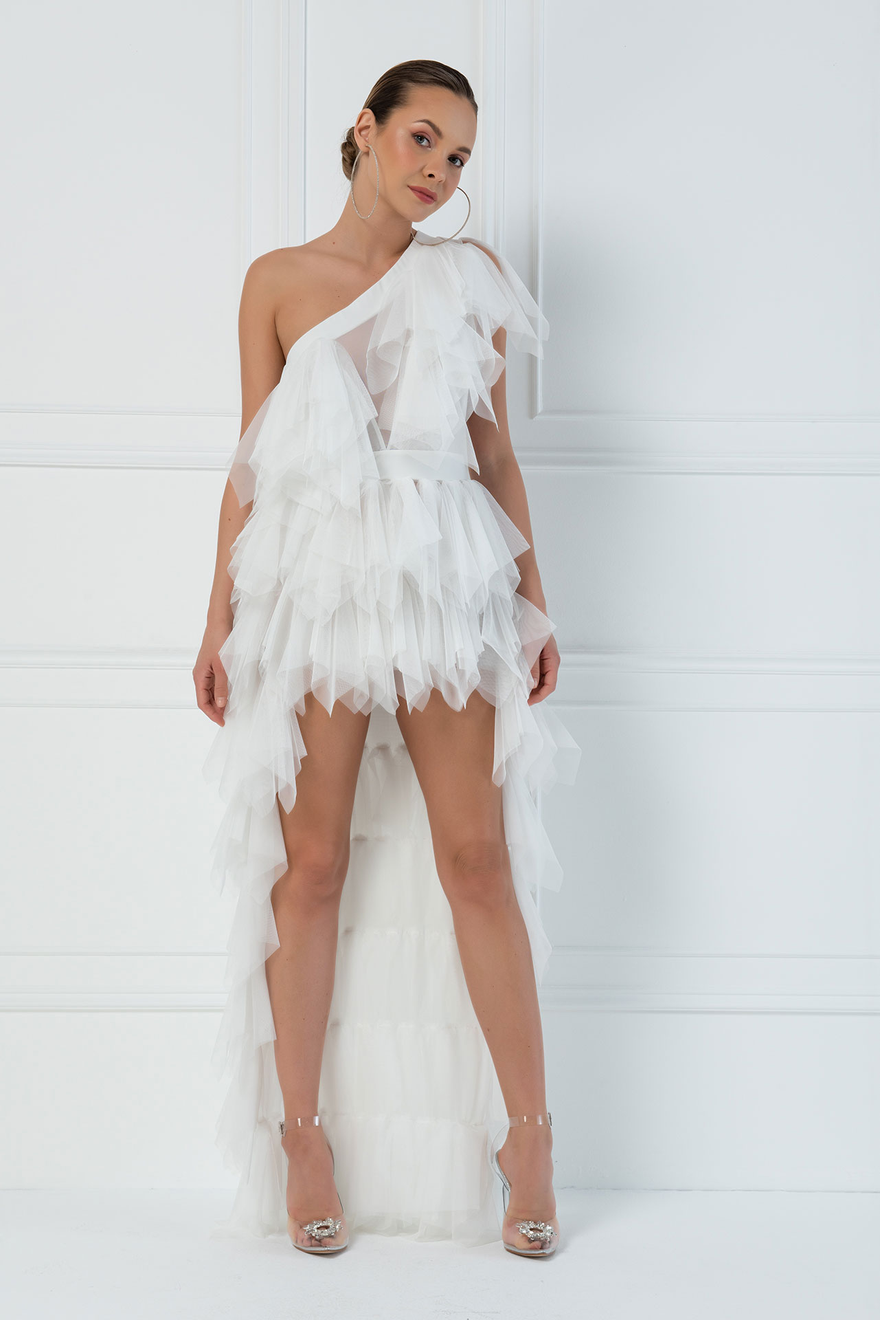 One Shoulder Ruffle Offwhite Mini Tulle Dress