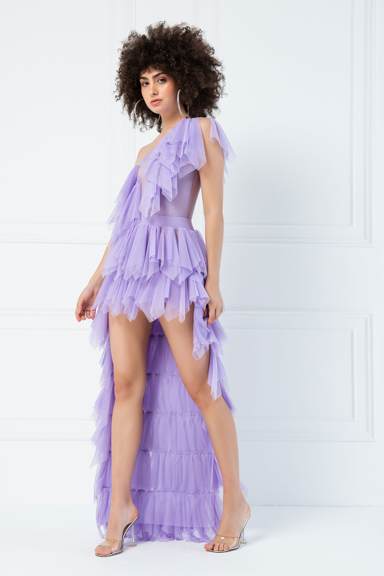 One Shoulder Ruffle Lilac Mini Tulle Dress