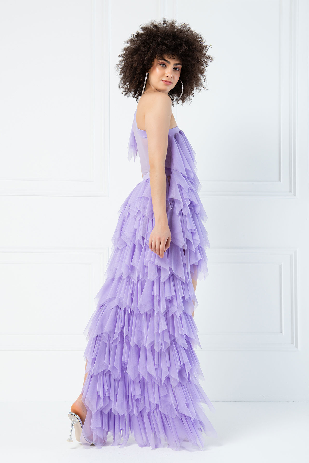 One Shoulder Ruffle Lilac Mini Tulle Dress