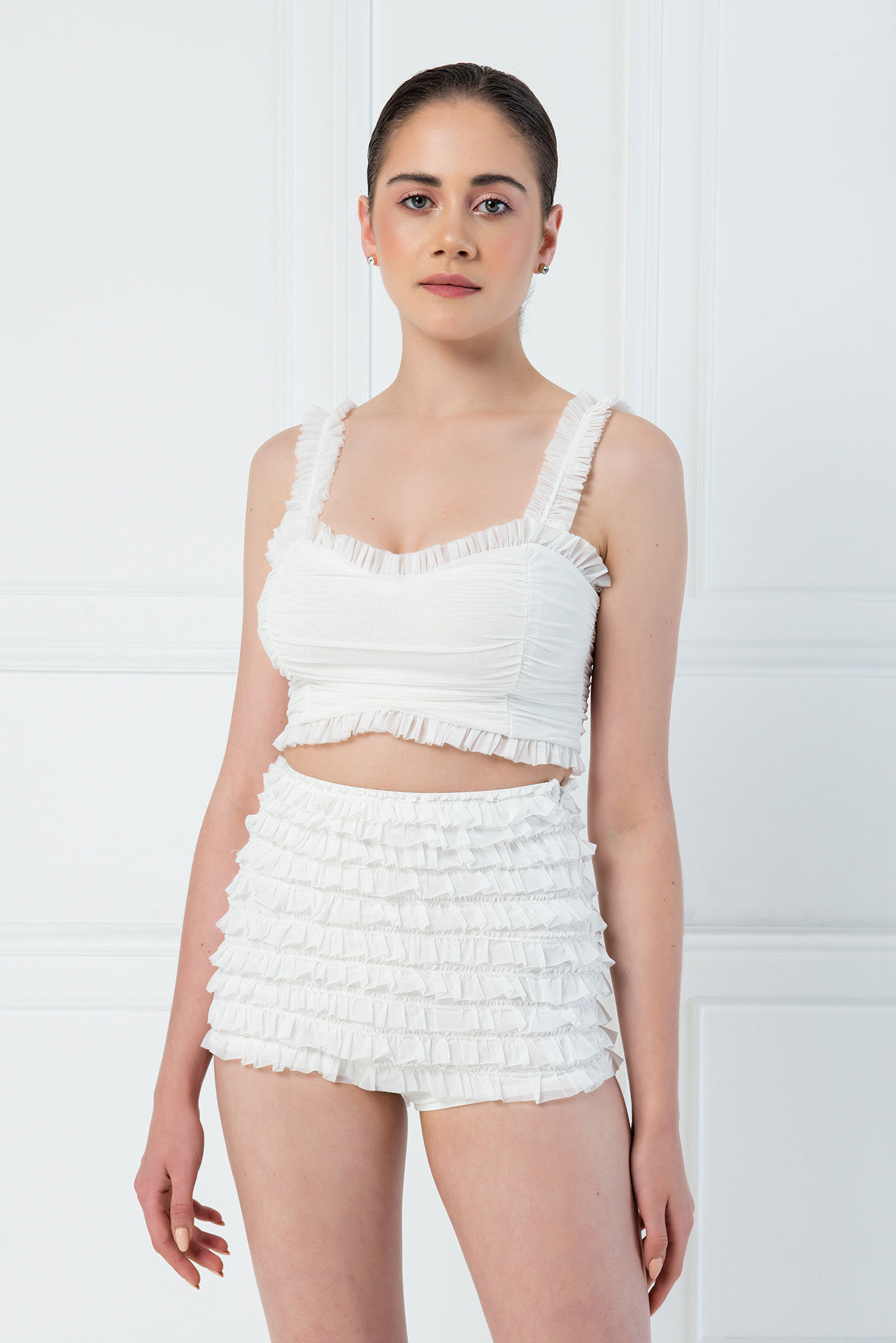 Wholesale Offwhite Frill Cropped Cami & Mini Shorts Set