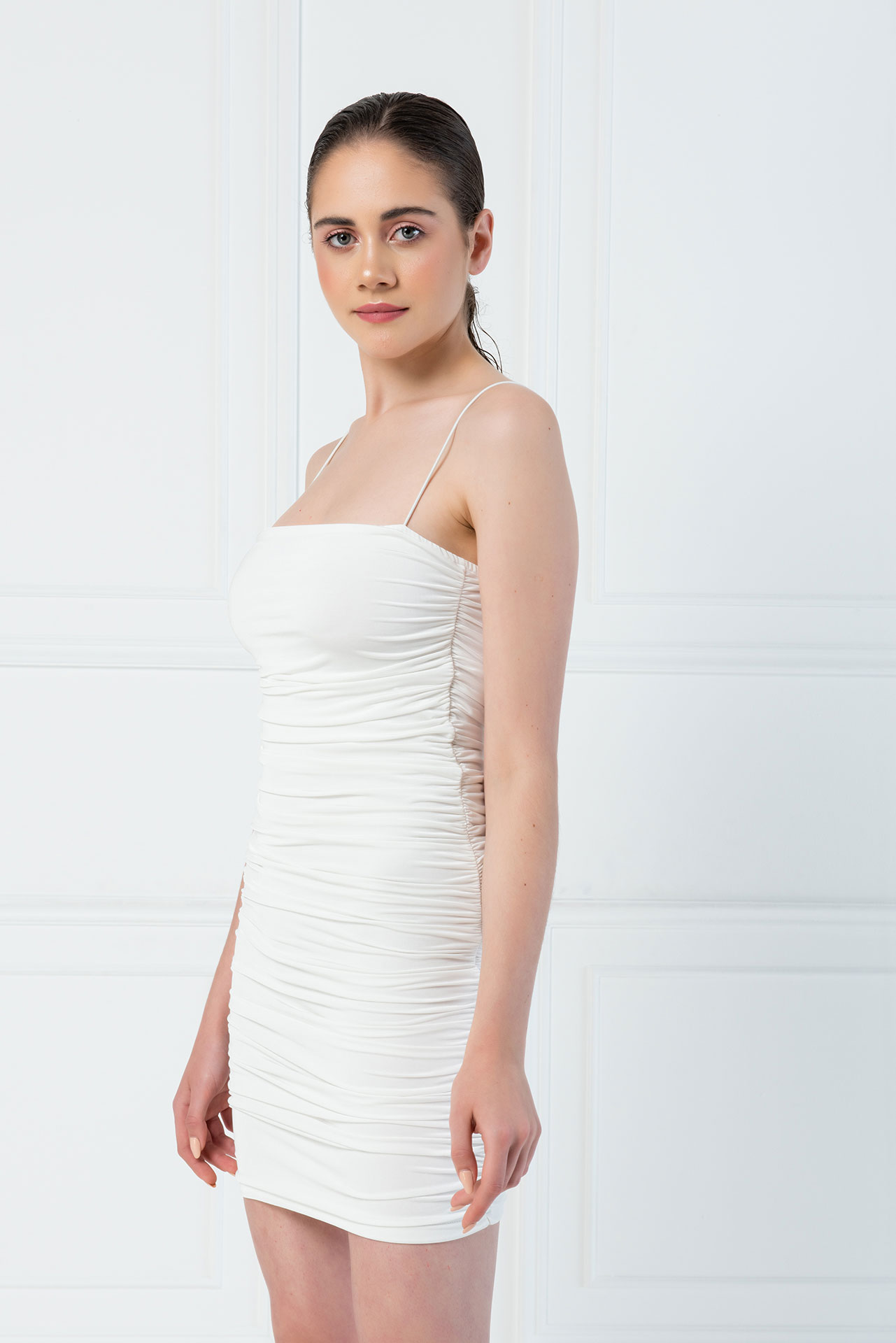 Wholesale Bodycon Gathered Offwhite Shoulder Strap Mini Dress
