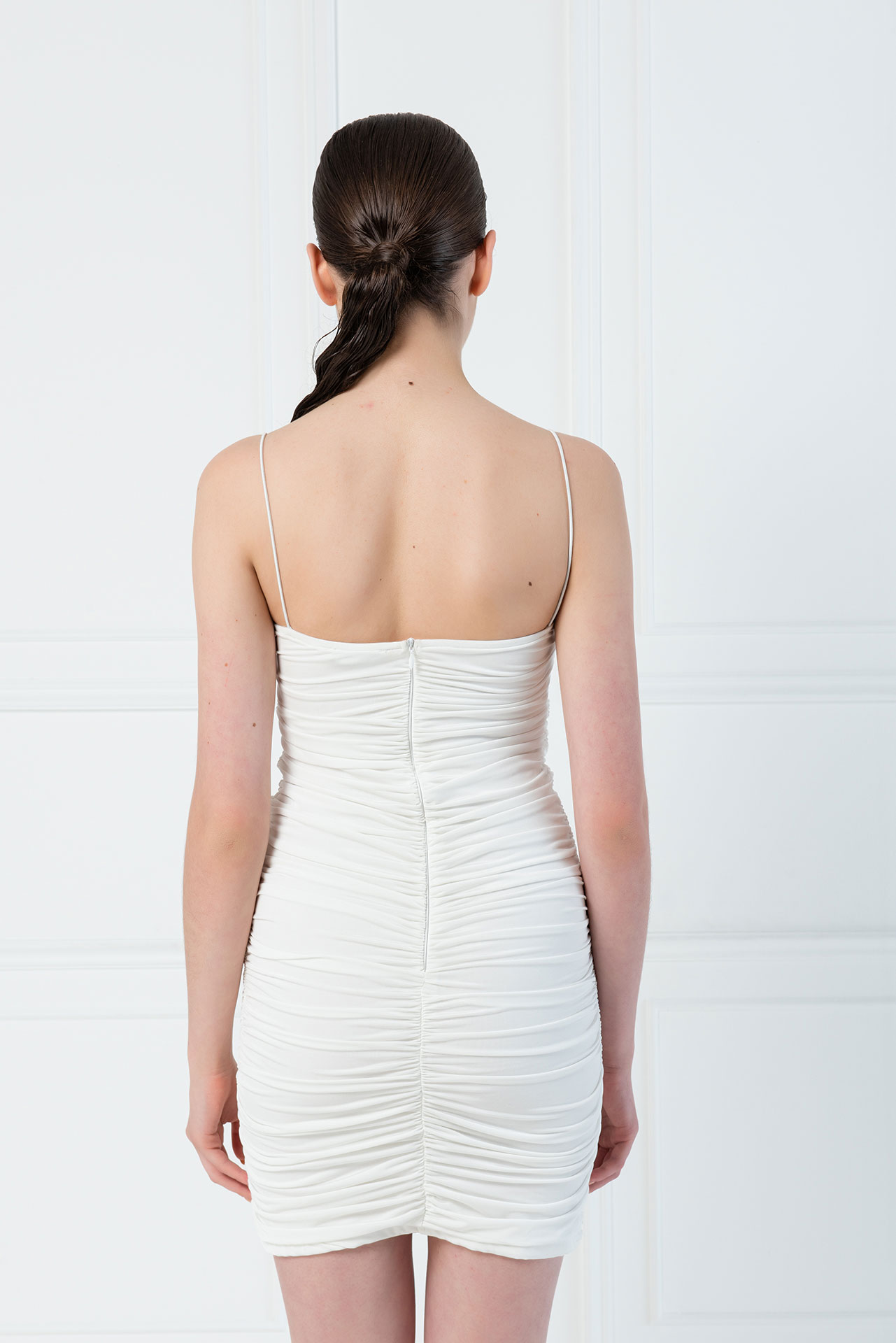 Wholesale Bodycon Gathered Offwhite Shoulder Strap Mini Dress