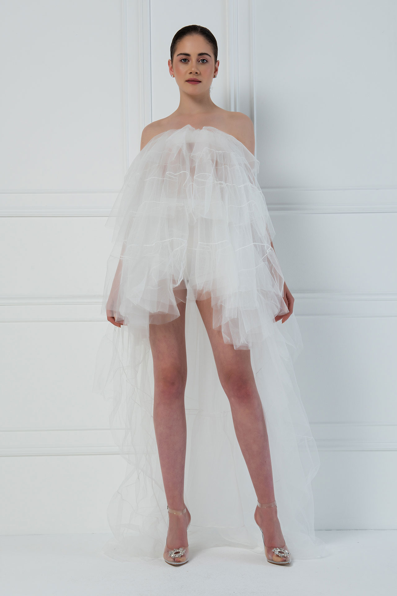 Tulle Detail Strapless Offwhite Sheer Mini Dress