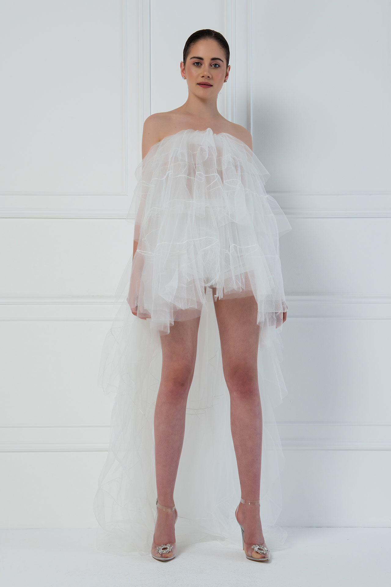Toptan Tül Detaylı Straplez Off white Mini Elbise