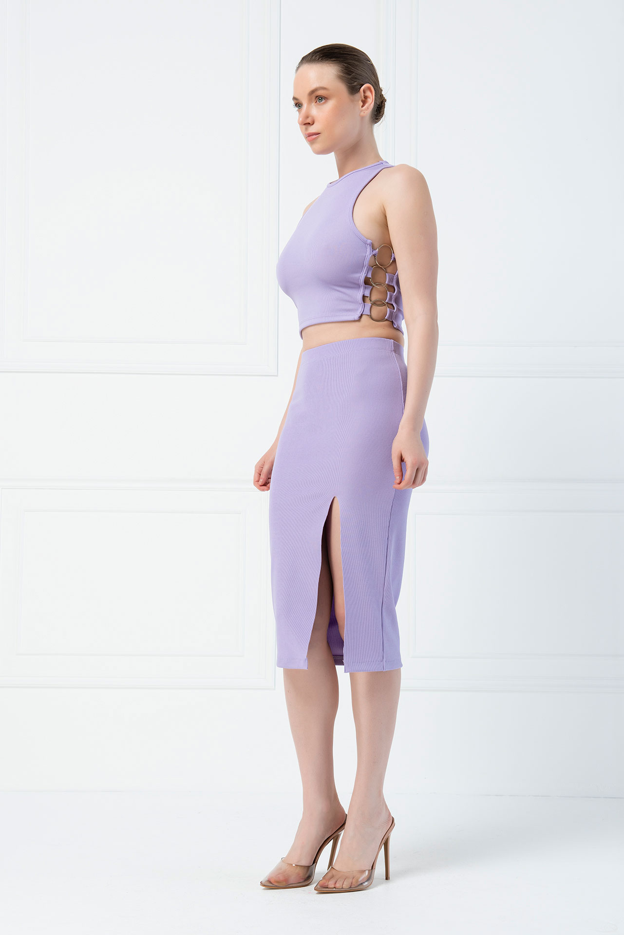 Wholesale Lilac Split-Front Bodycon Midi Skirt
