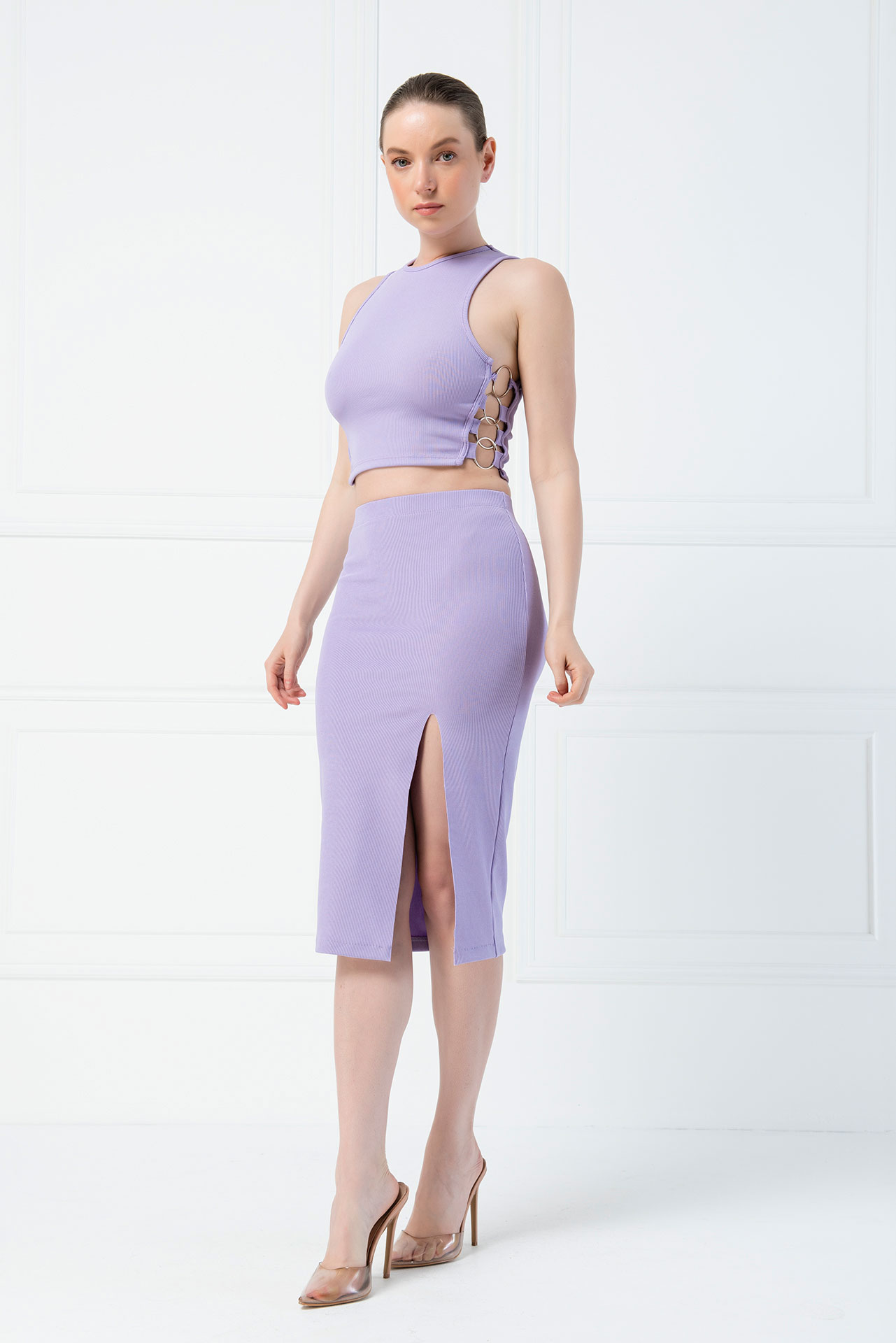 Lilac Split-Front Bodycon Midi Skirt