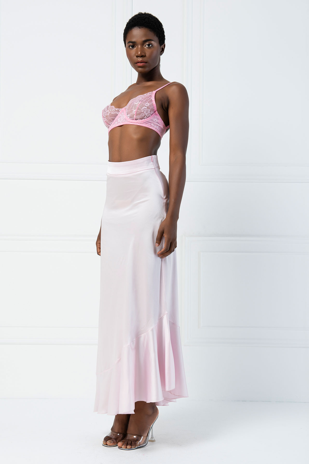Pink Satin Asymmetric Ruffle Skirt