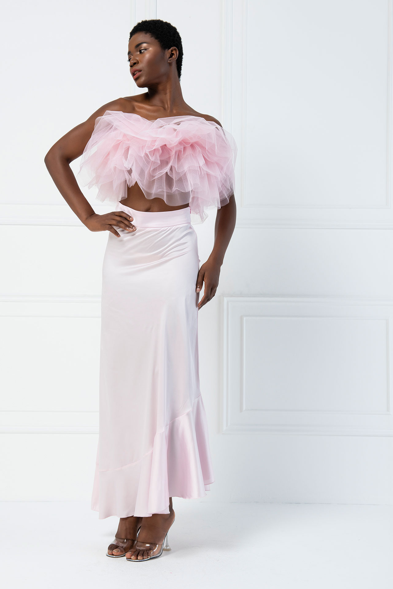 Pink Satin Asymmetric Ruffle Skirt
