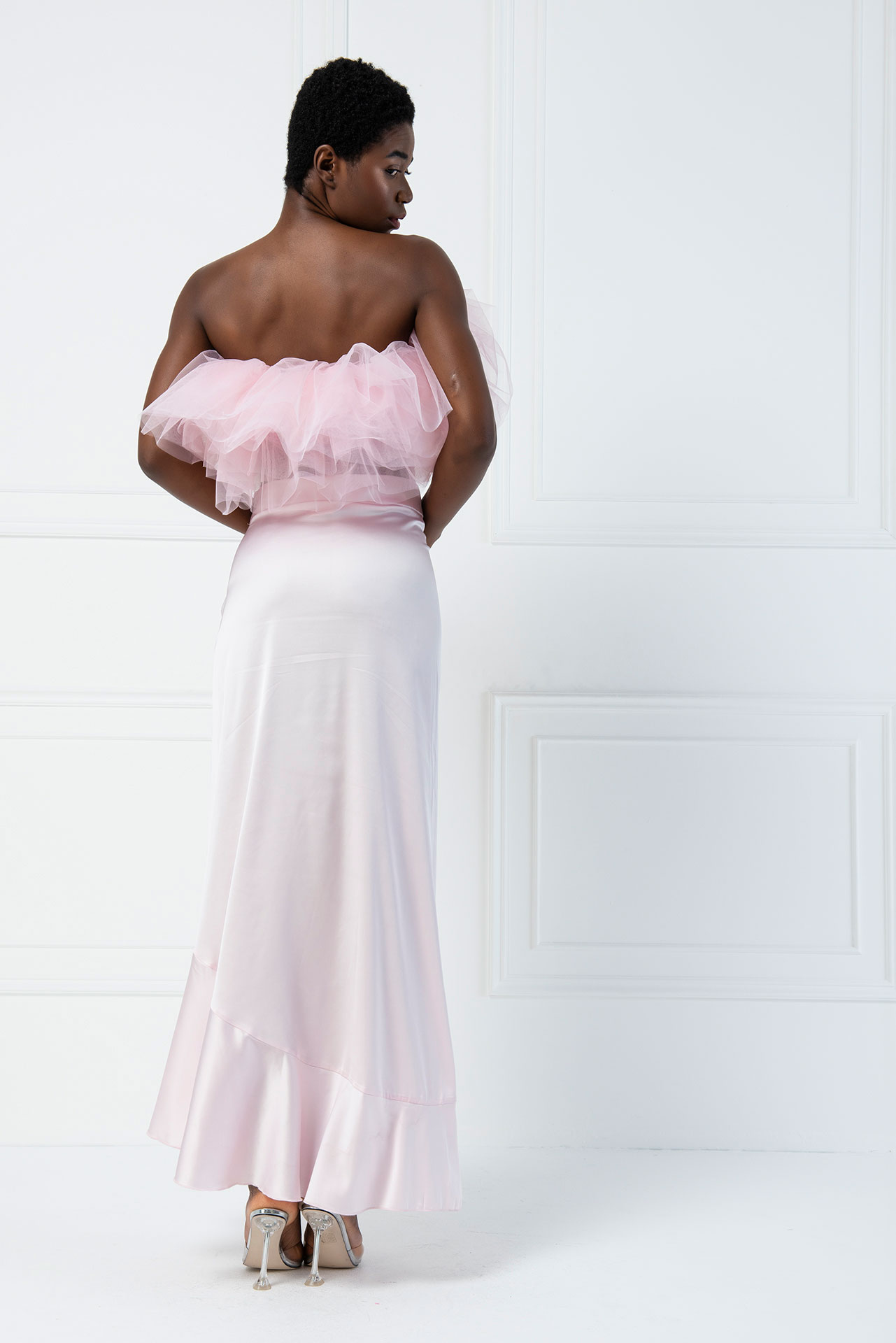 Wholesale Pink Satin Asymmetric Ruffle Skirt