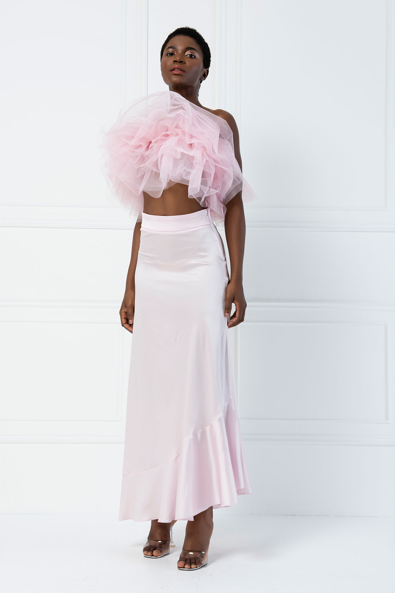 Wholesale Pink Satin Asymmetric Ruffle Skirt
